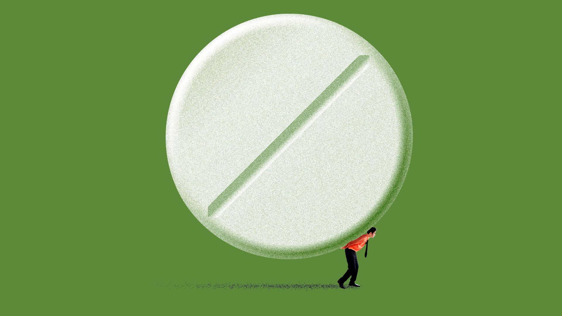 Illustration of a small employer carrying a giant pill on his back