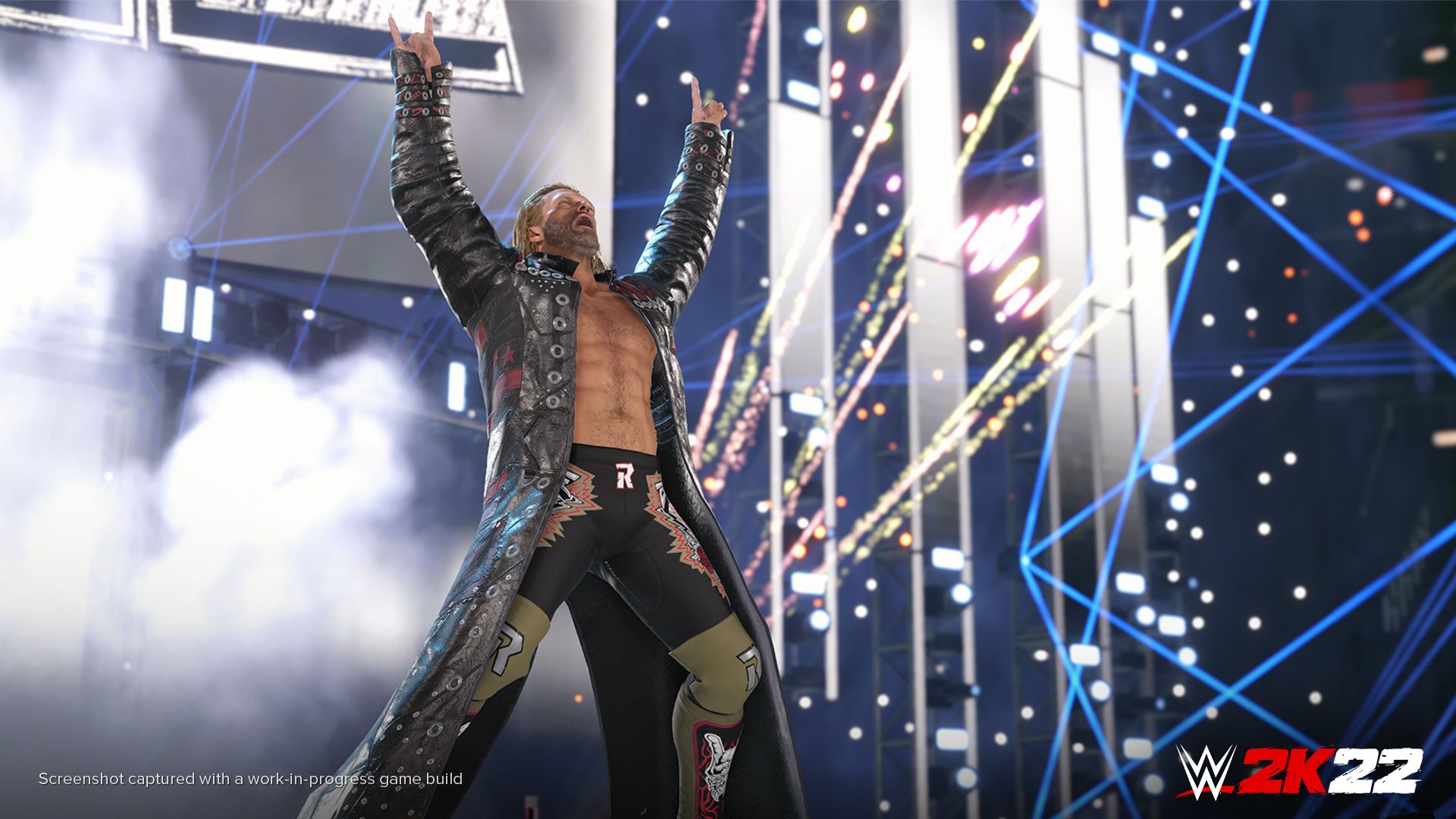 Screenshot of a wrestling video game as a wrestler makes an entrance, arms pointed in the air