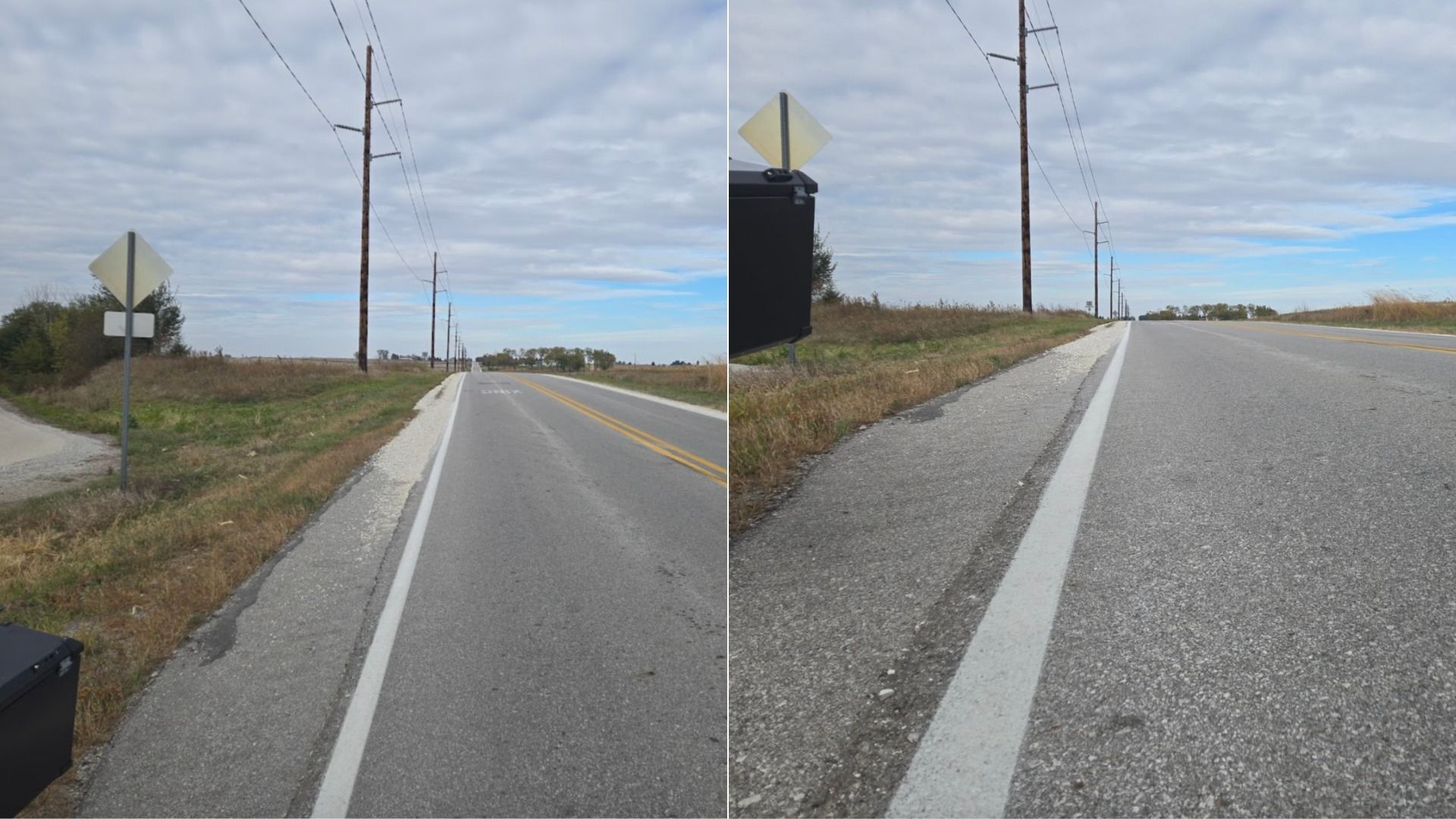 Two side-by-side images of a the road along the High Trestle Trail, showing more vision of the road with an upright bike versus a hand bike that's lower to the ground. 