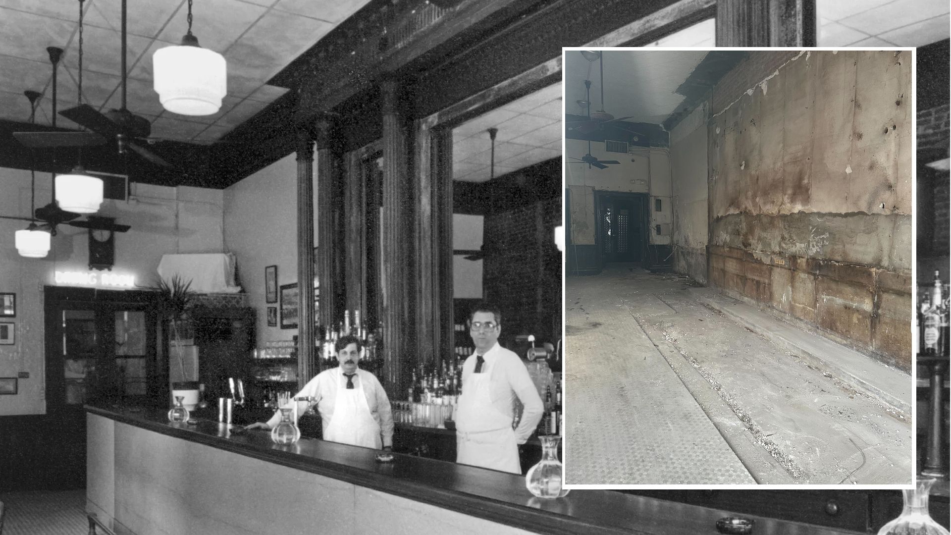 Photos show the vintage bar at Tujague's and the newly gutted interior.