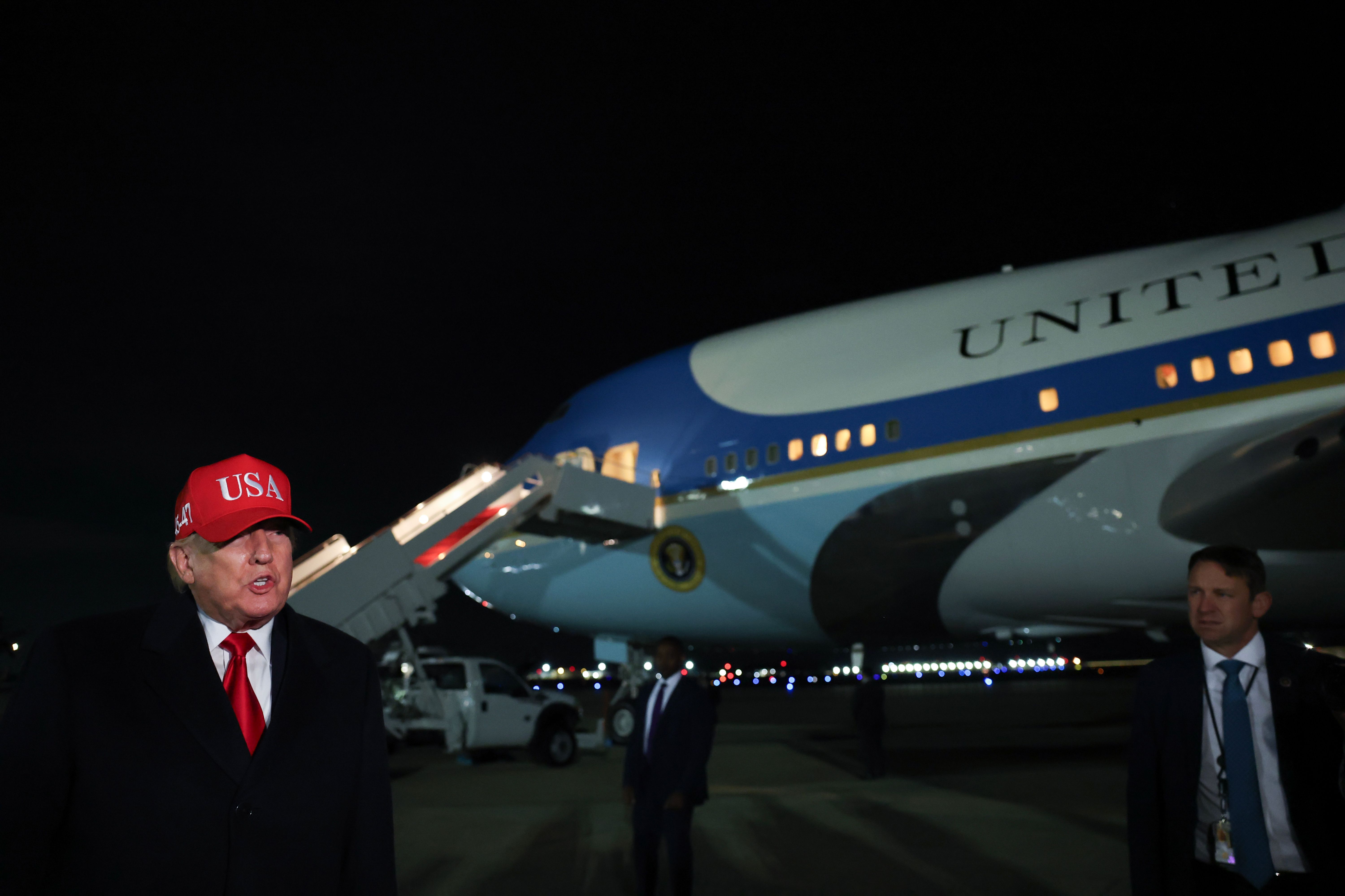 President Trump speaks to reporters after returning to Washington from Florida last night.