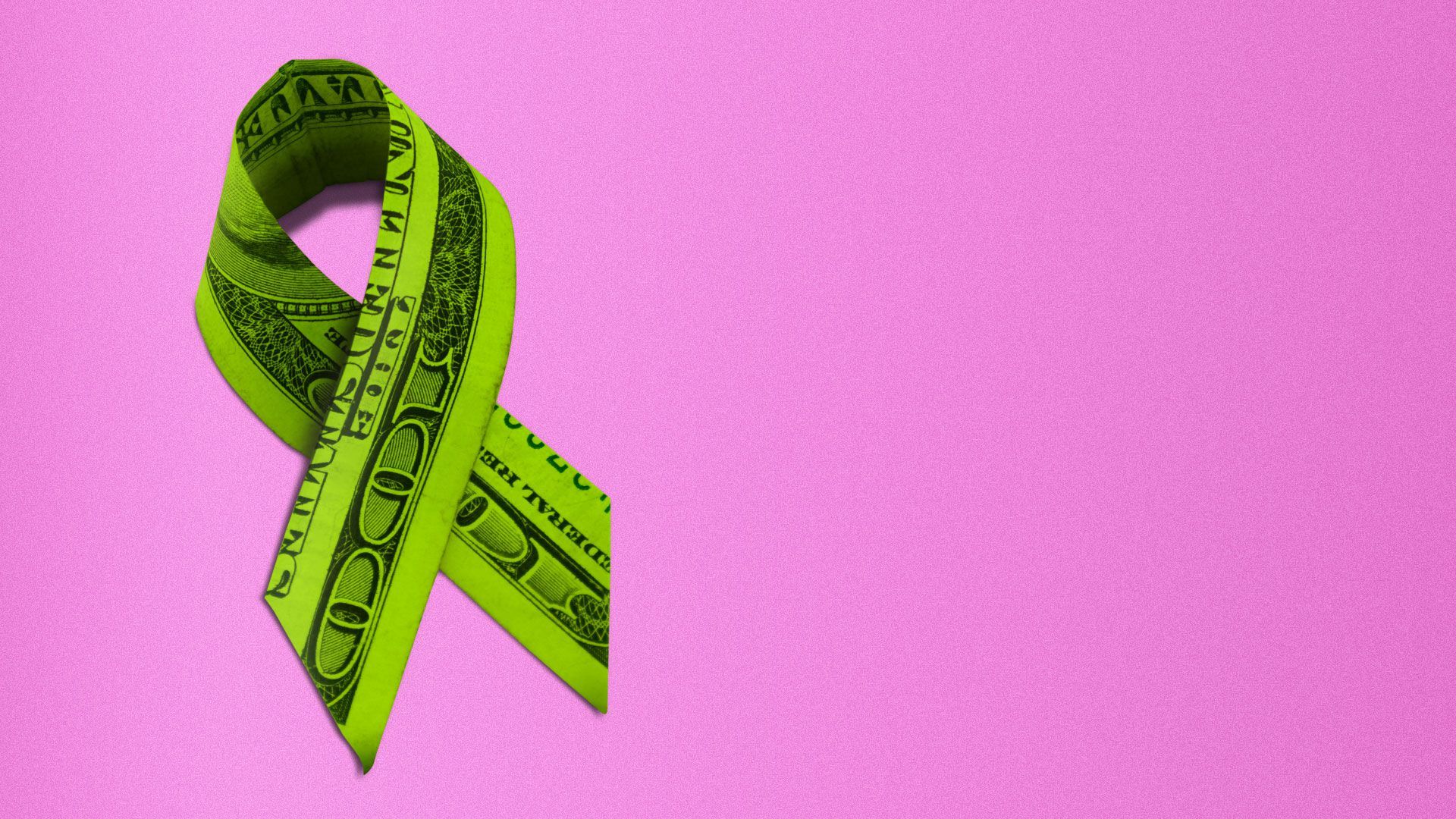 Illustration of a charity ribbon made from a hundred dollar bill. 