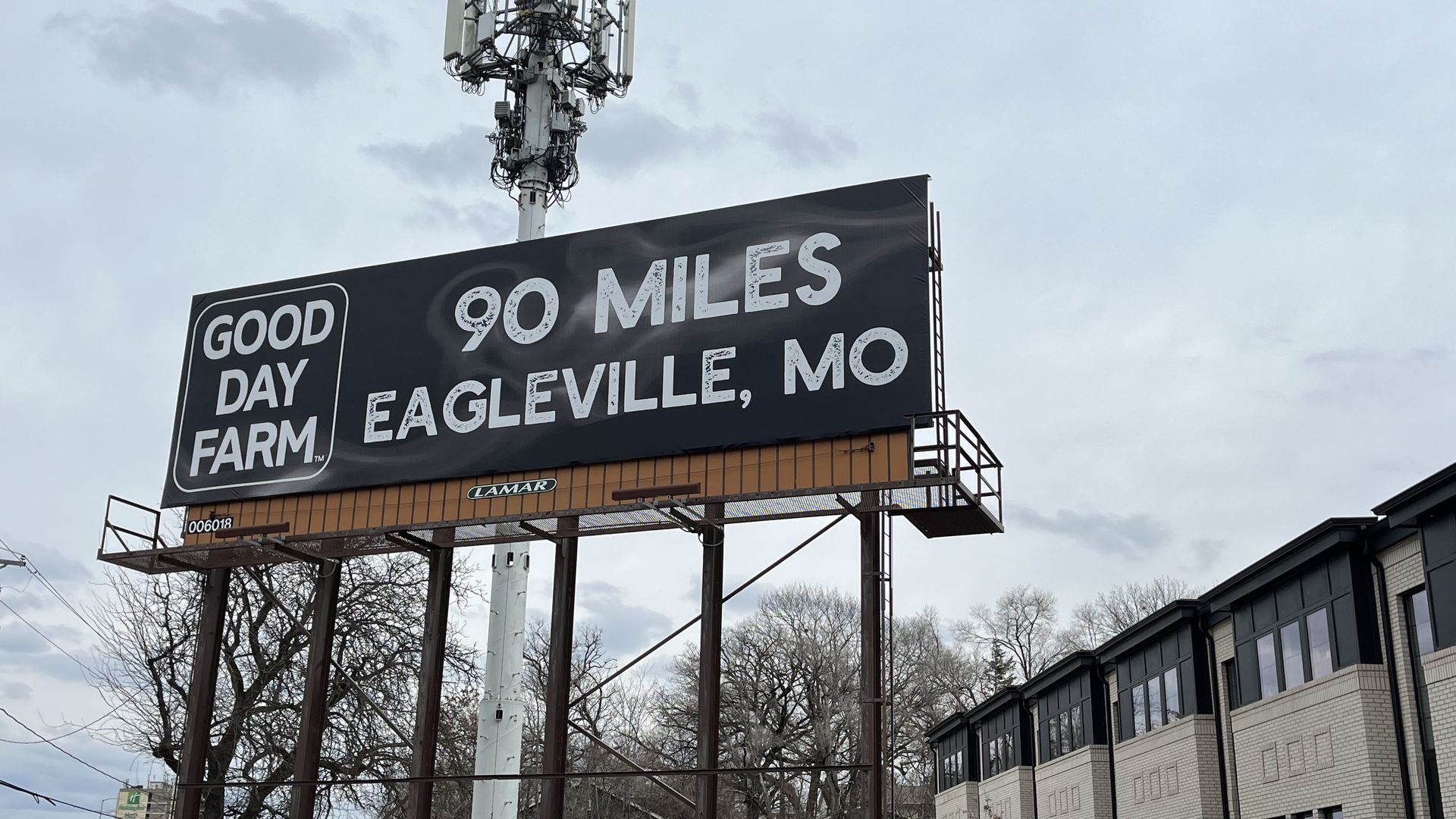 good day farm billboard saying 90 miles, eagleville, mo