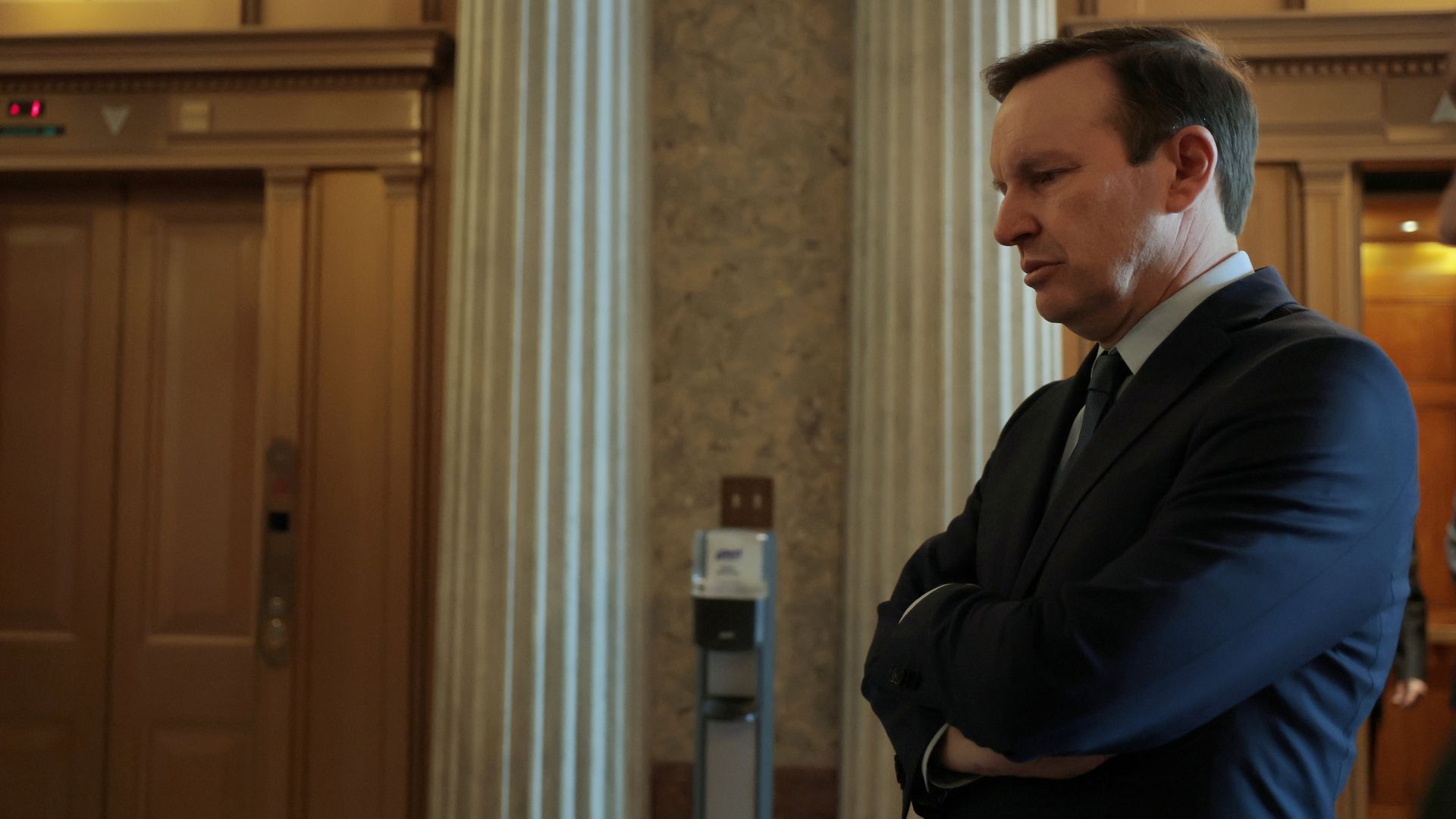 Sen. Chris Murphy (D-CT) walks to the Senate Chambers during a vote at the U.S. Capitol on February 13, 2025 in Washington, DC.