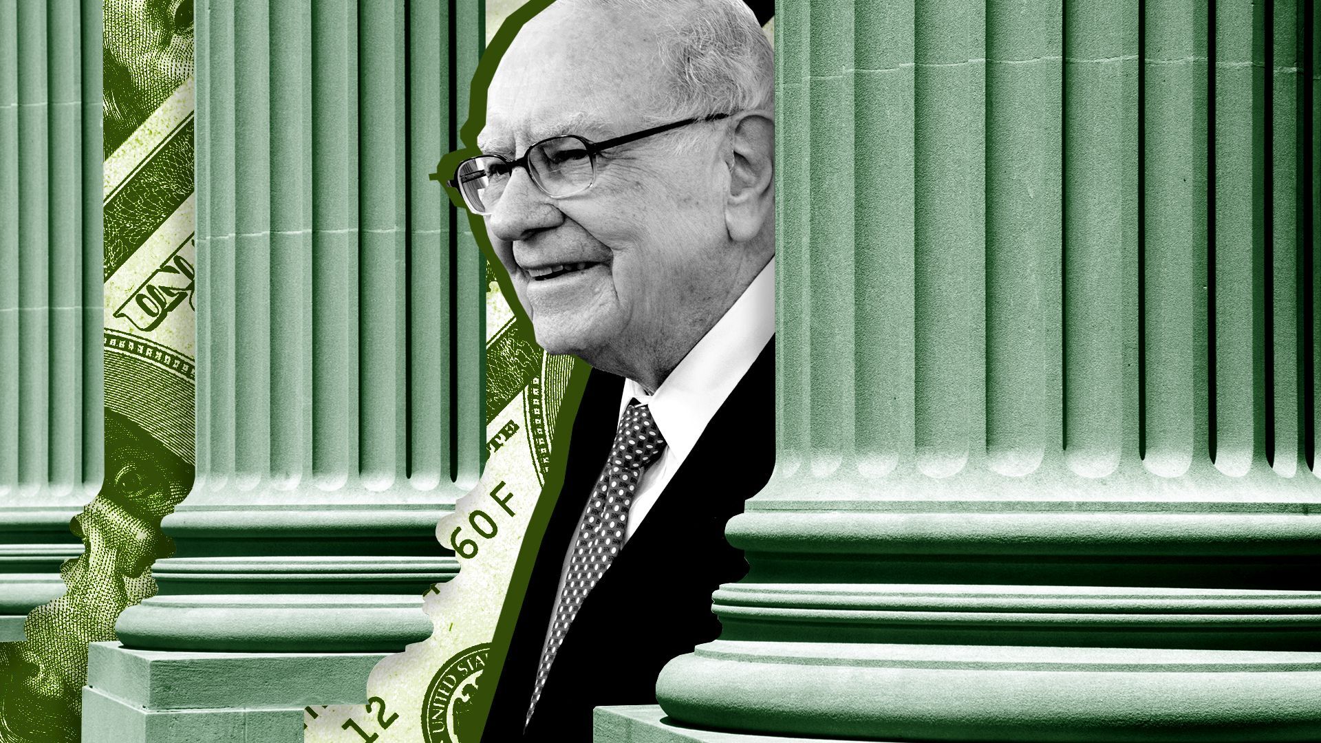 Photo illustration of bank columns surrounding Warren Buffet in front of a pattern of one hundred dollar bills 