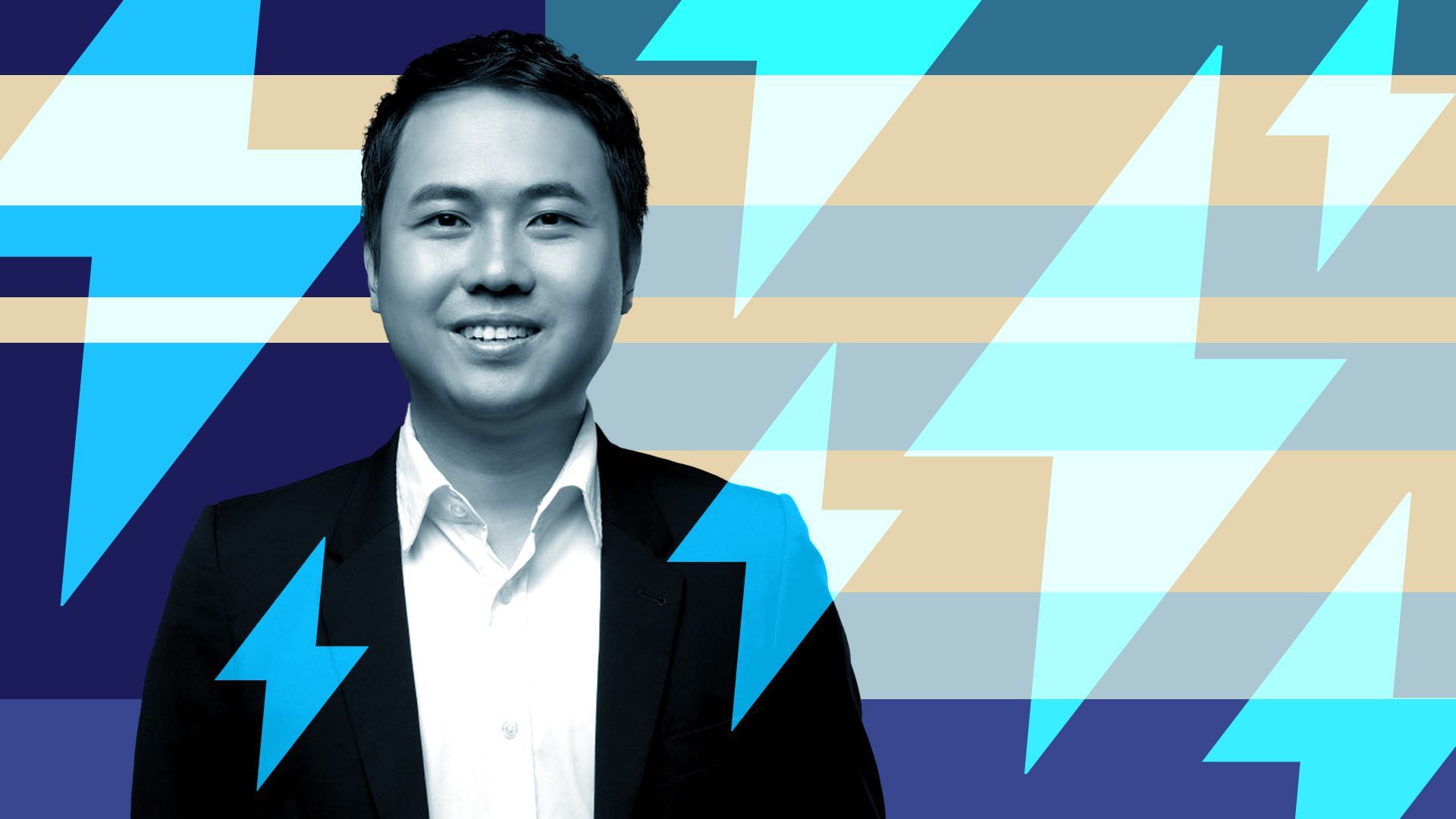 Photo illustration of Steven Yang with abstract shapes and Anker's lightning bolt logo.
