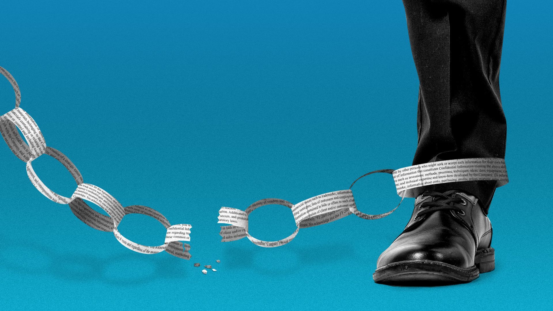 Illustration of a noncompete agreement in the form of a chain attached to a businessman's leg that has been broken