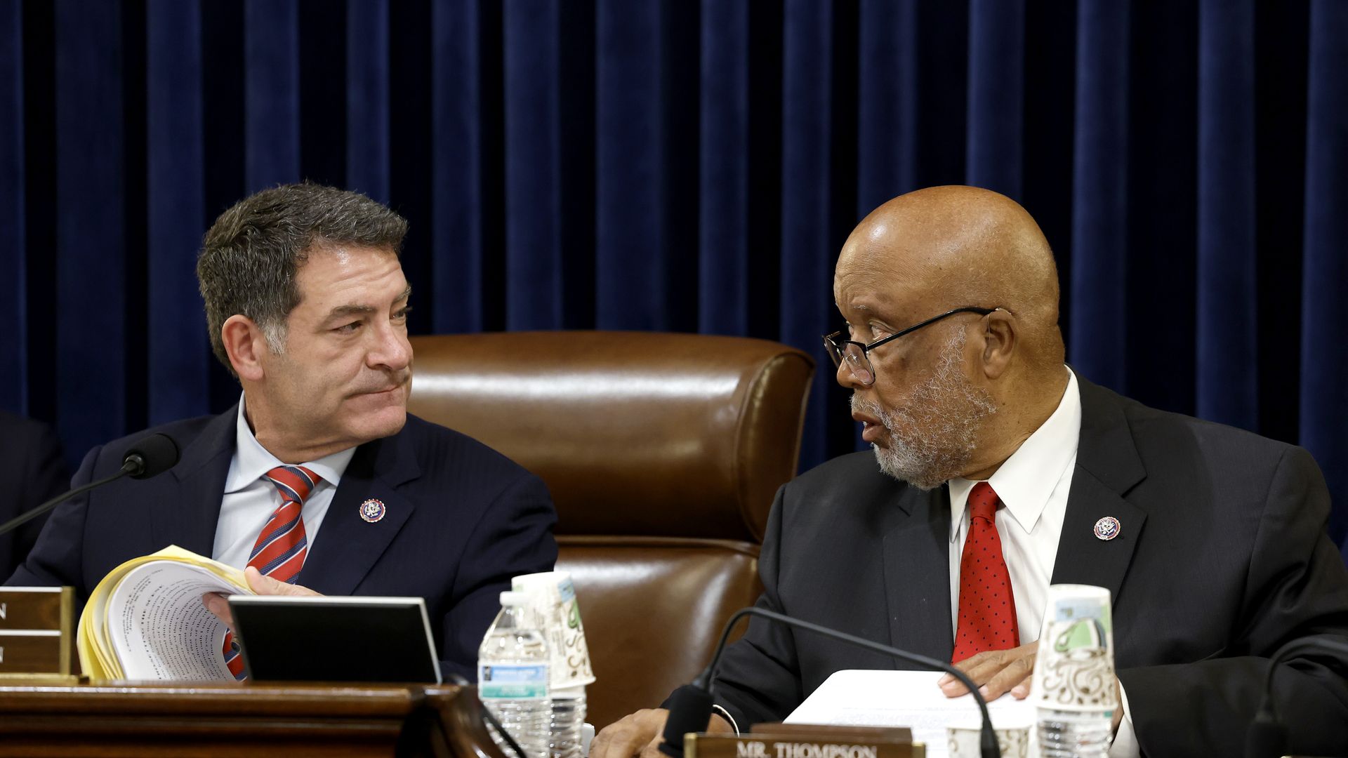 Committee chairman Rep. Mark Green (R-TN) and ranking member Rep. Bennie Thompson (D-MS) speak to one another during a hearing with the House Committee on Homeland Security 