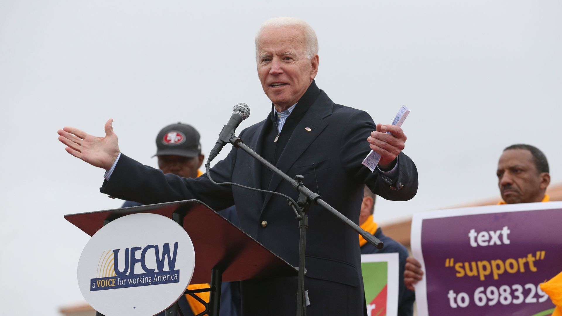 Former Vice President Joe Biden speaks during a rally for striking workers outside the South Bay Stop & Shop