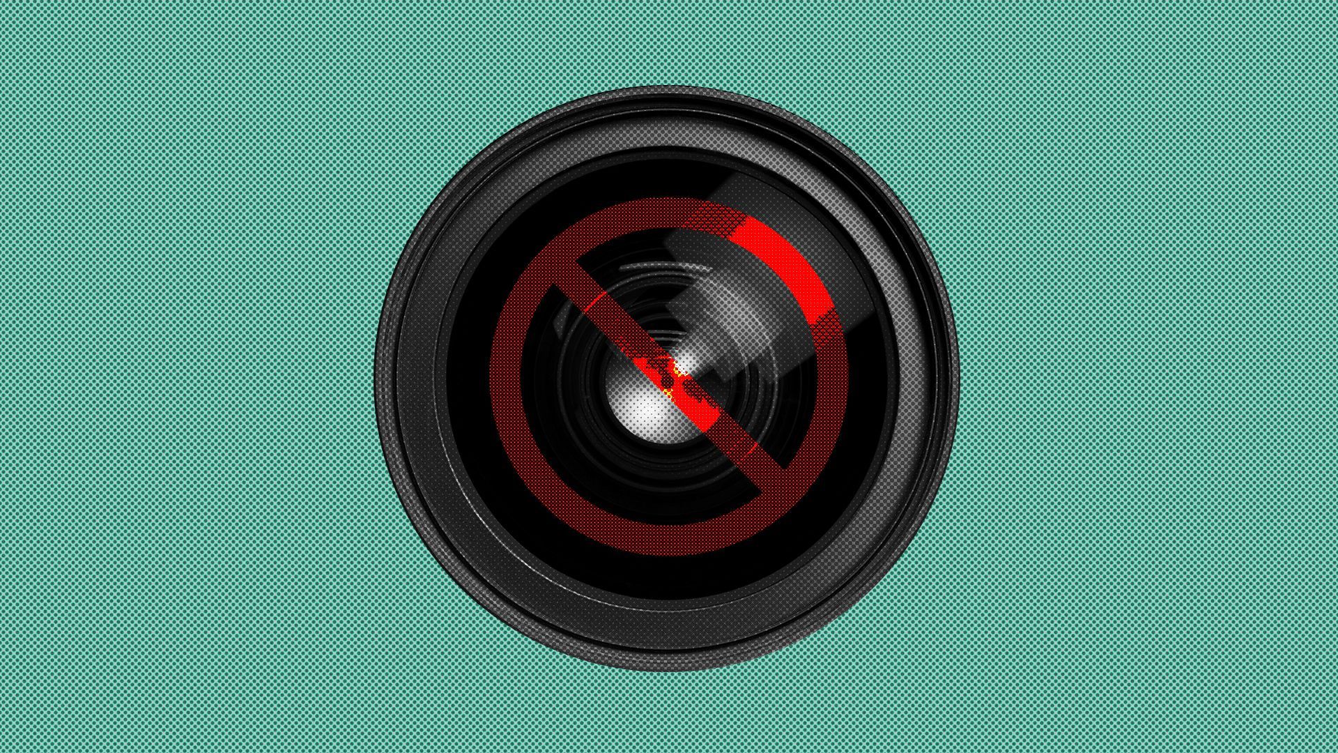 Illustration of a camera lens with a no symbol in the lens reflection