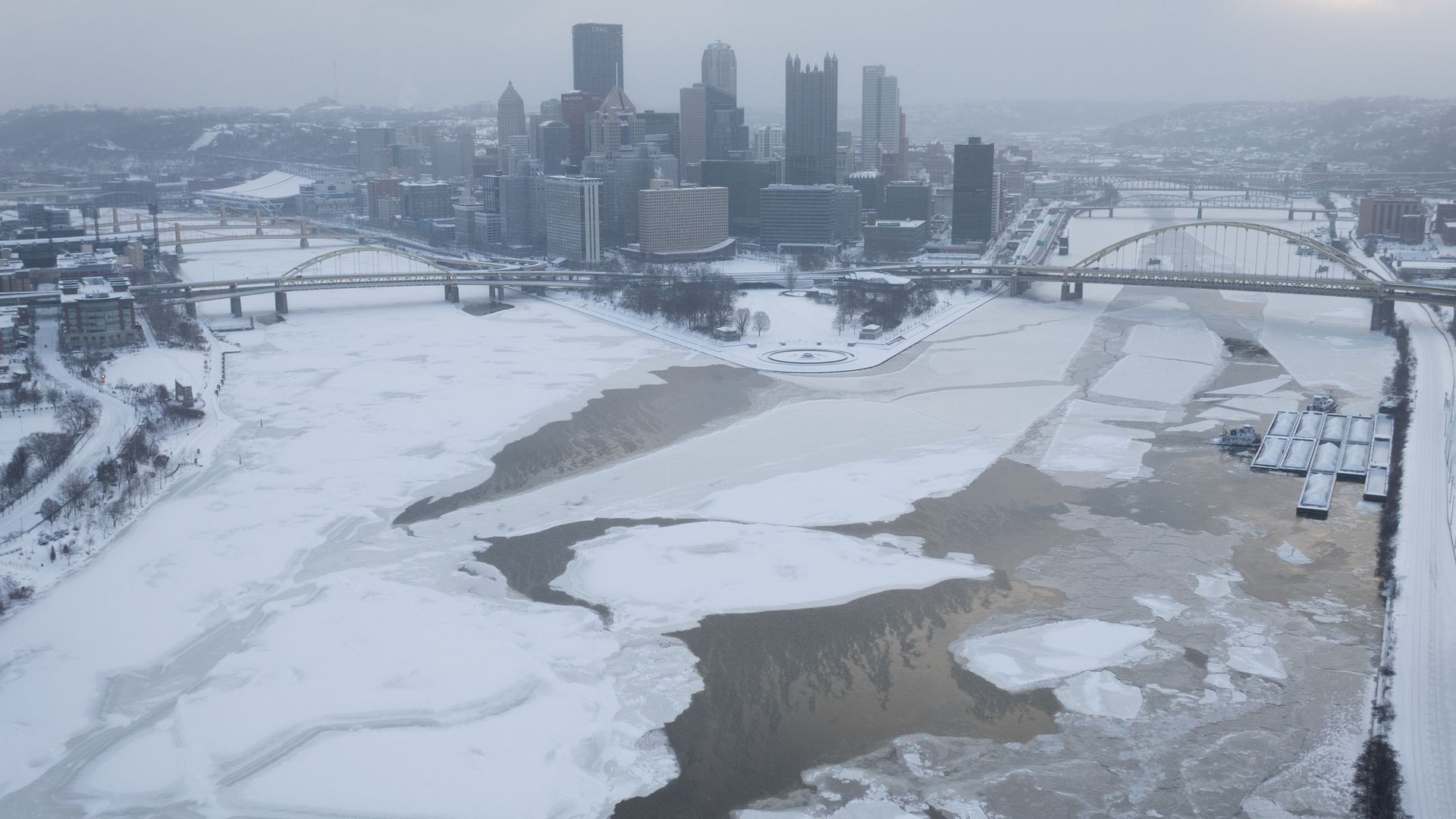 The ice-covered Allegheny River and Monongahela River meet to form the Ohio River in Pittsburgh, Pennsylvania, US, on Monday, Jan. 26, 2026. Photographer: Justin Merriman/Bloomberg via Getty Images