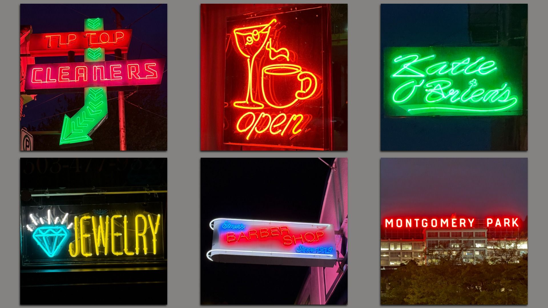 Six neon signs at night: red and green for "Tip Top Cleaners"; red for a martini glass, coffee cup, and "open"; green for "Katie O'Brien's"; turquoise and yellow for a diamond and "JEWELRY"; red and blue for "Elmer's BARBER SHOP Since 1919"; red for "MONTGOMERY PARK" on a large building.