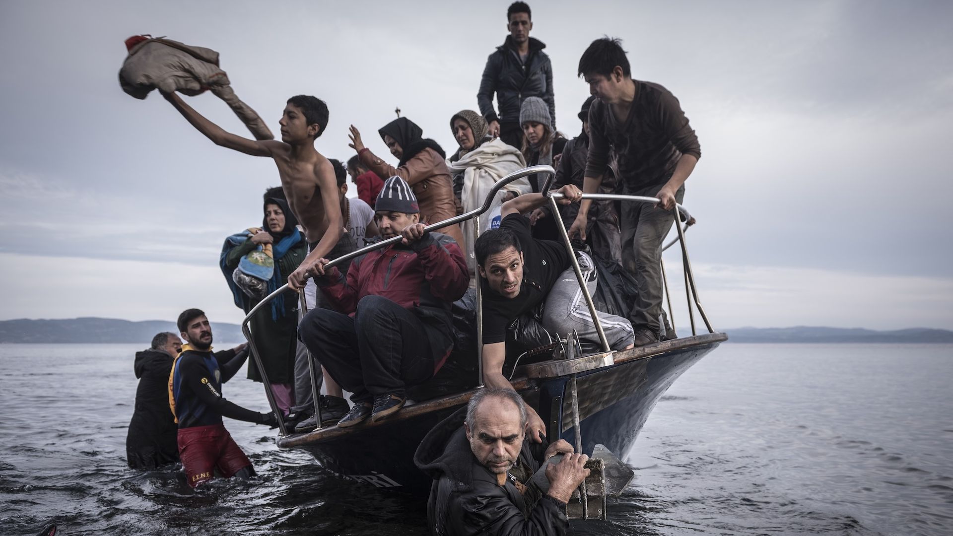 Sergey Ponomarev's 2016 Breaking News Photography Pulitzer winner for The New York Times of migrants approaching the village of Skala, on the Greek island of Lesbos. Photo: Courtesy of The New York Times via The Pulitzer Prizes