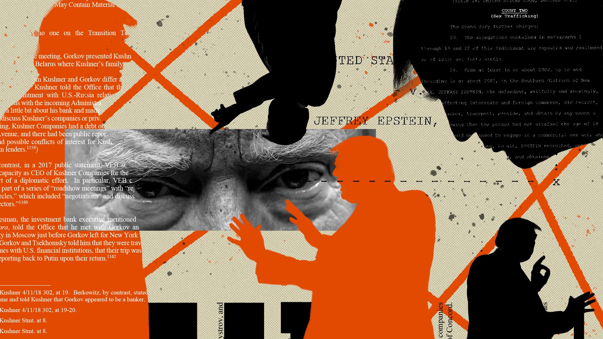 Photo illustration of various silhouette shapes of President Donald Trump, surrounded by excerpts from government investigative documents into Russia's election involvement and Jeffery Epstein.