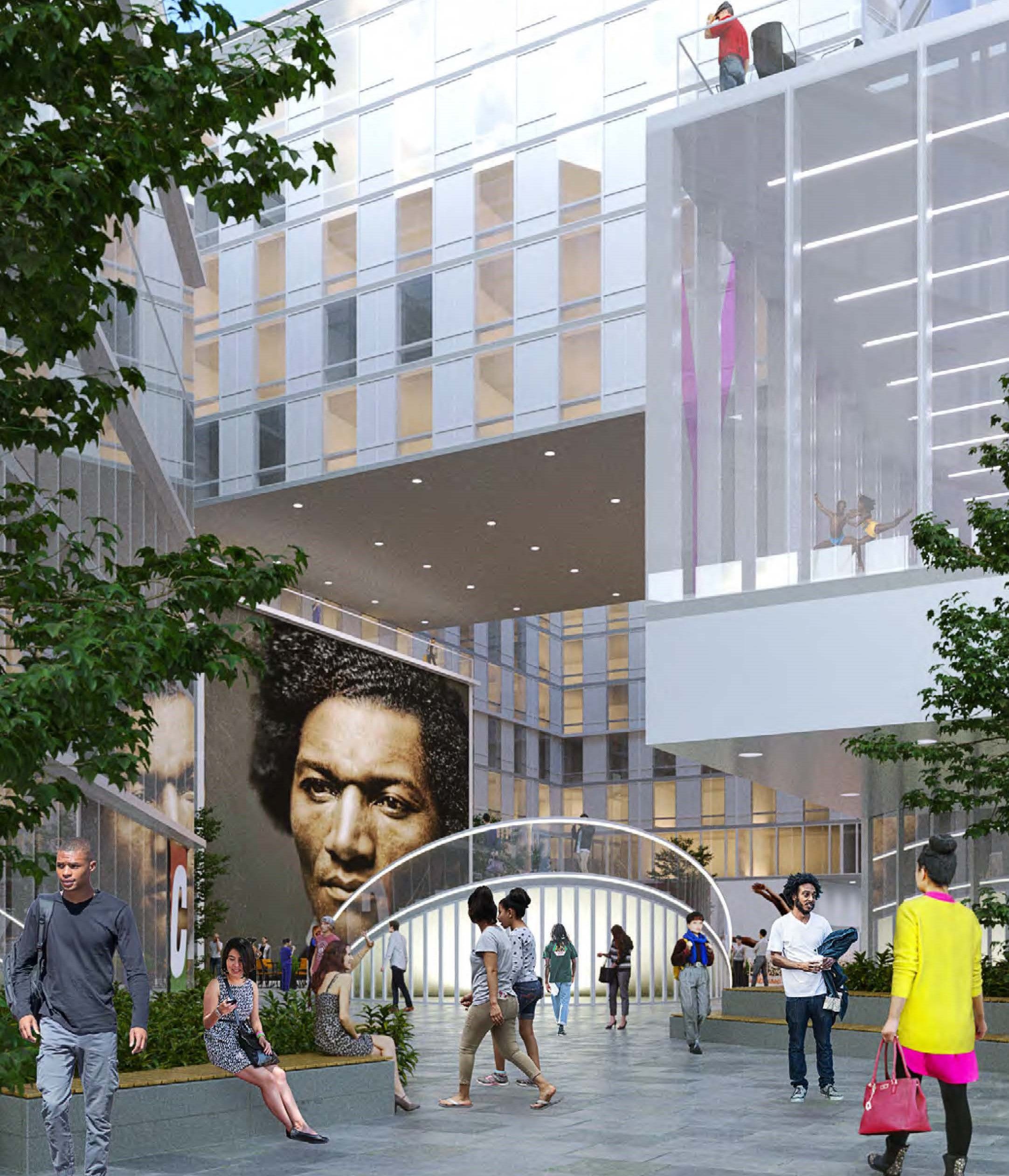 A rendering of the proposed building with a mural of Frederick Douglass
