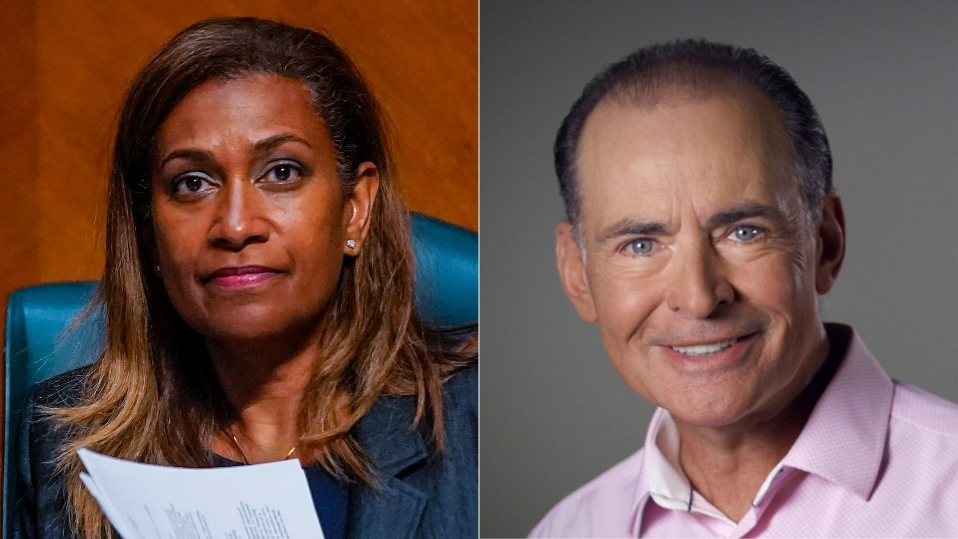 Split image of two people: left, a Black woman with long hair in a dark blazer holding papers against a warm wood background; right, a smiling light-skinned man in a pink shirt.