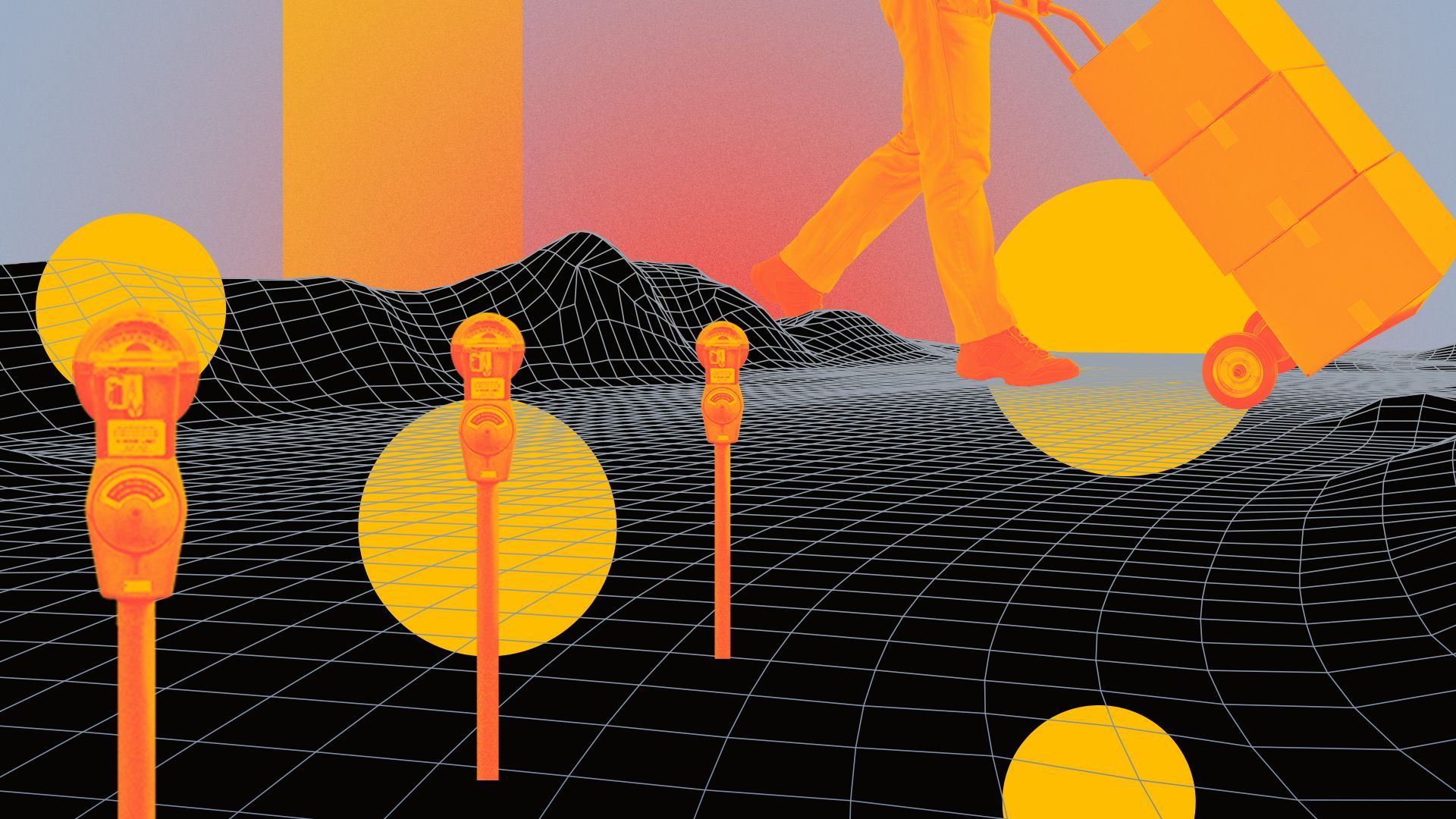 Illustration of parking meters and a delivery person pushing a hand cart with a gridded landscape in the background.