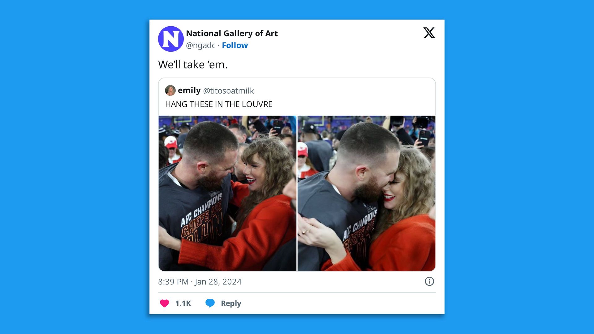Screenshot of a post on X of the National Gallery of Art commenting on pictures of Taylor Swift and Travis Kelce