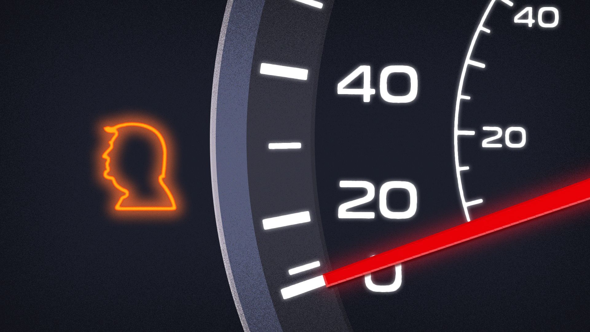 Illustration of a car dashboard with Trump's silhouette glowing up like a "check engine" warning.