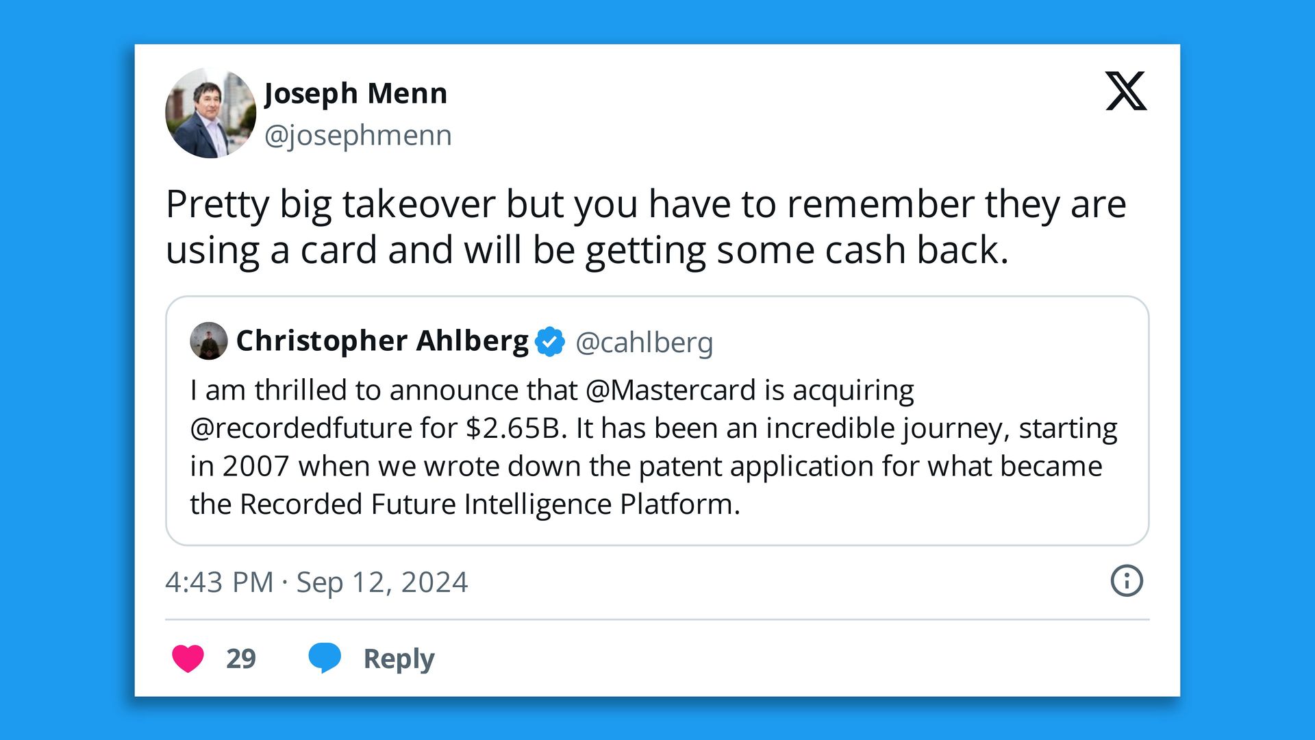 Screenshot of a tweet about Mastercard's purchase of Recorded Future that says, "Pretty big takeover but you have to remember they are using a card and will be getting some cash back."