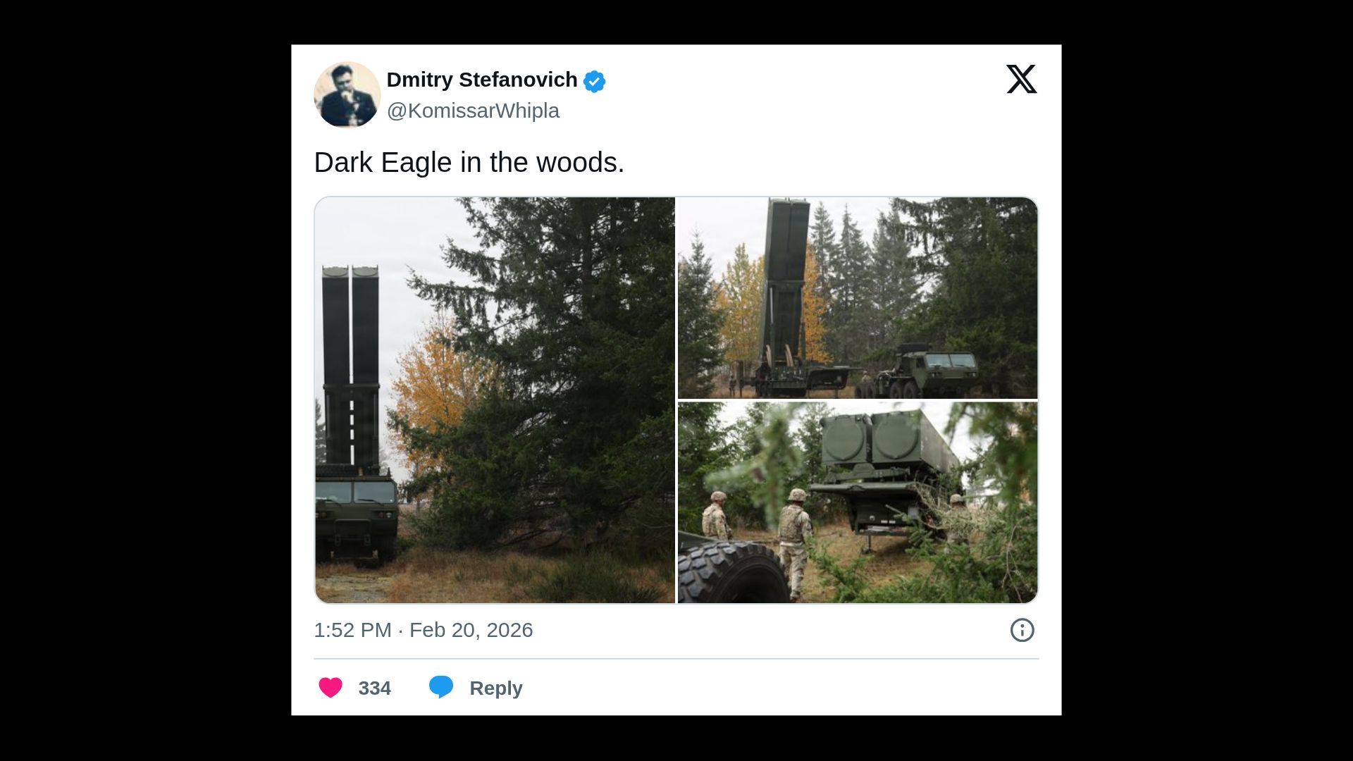 Tweet by Dmitry Stefanovich showing three photos of a military Dark Eagle missile system positioned in a wooded area with evergreen and autumn-colored trees, and two soldiers nearby.