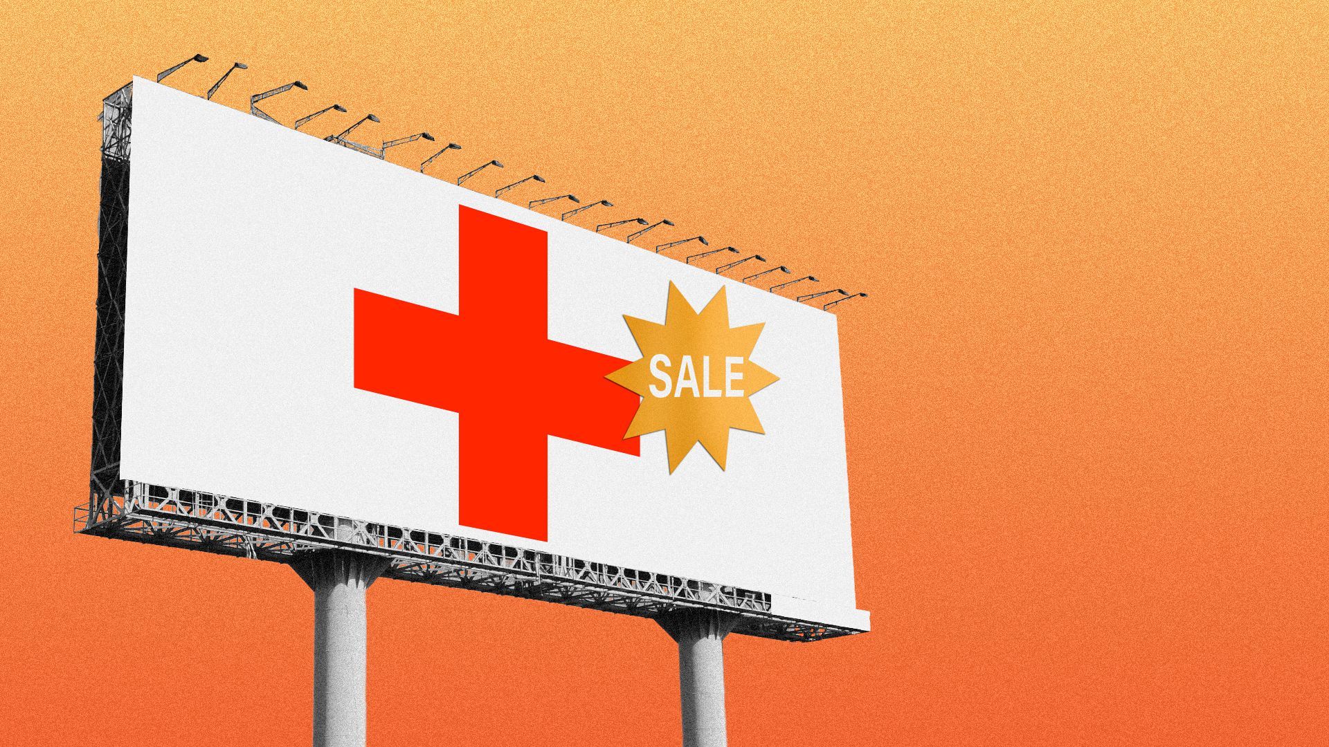 Illustration of a red cross on a billboard with a "SALE" sticker.