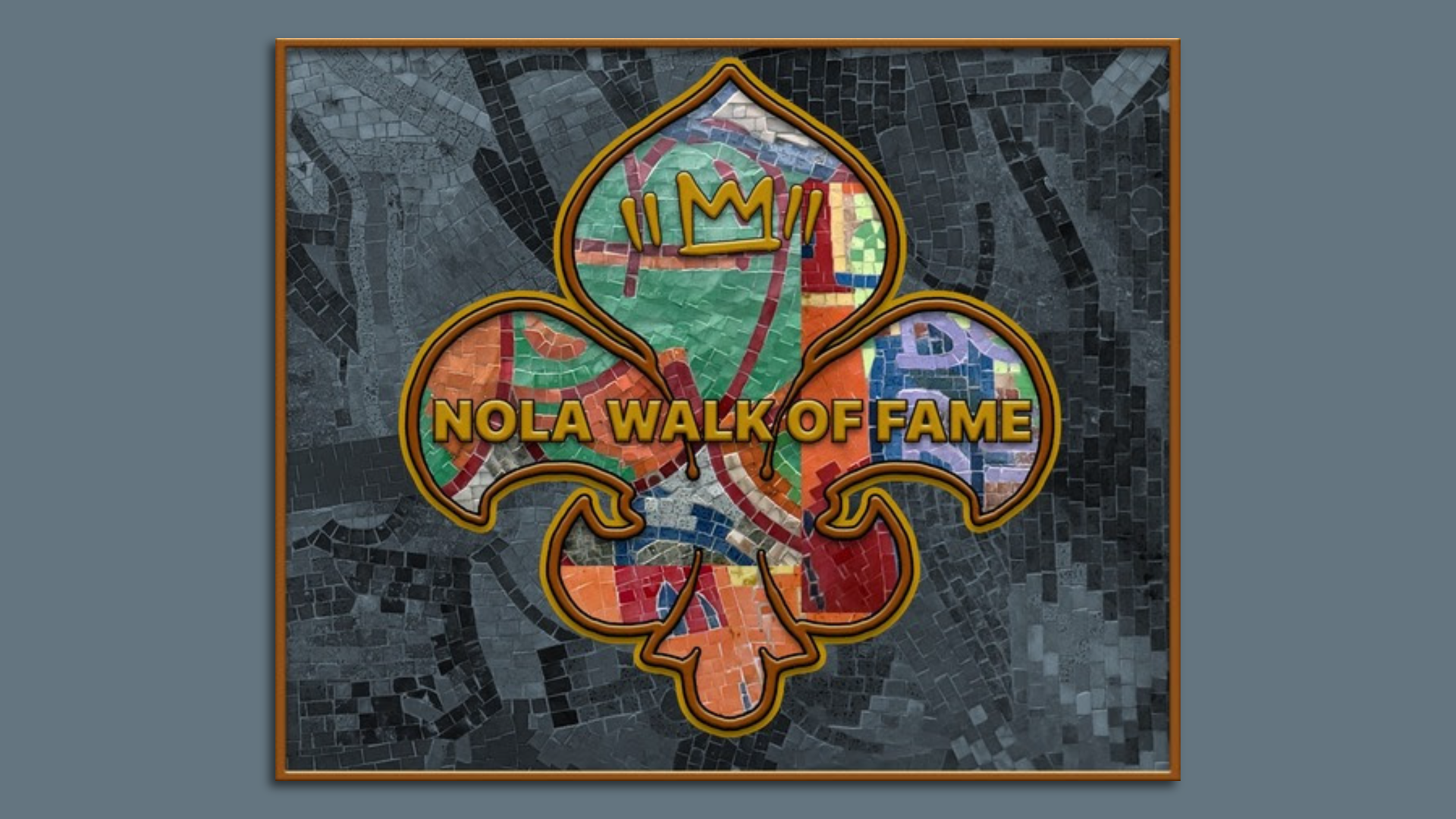 Image shows a fleur-de-lis with mosaic tiles on the background.