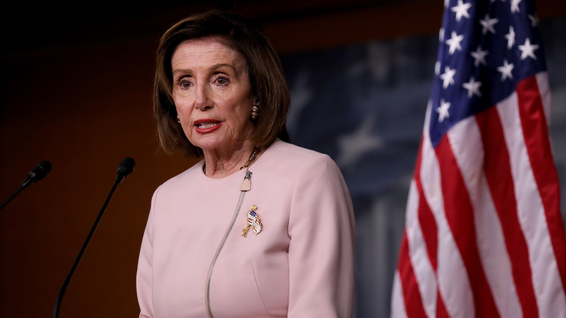 House Speaker Nancy Pelosi is seen addressing reporters.