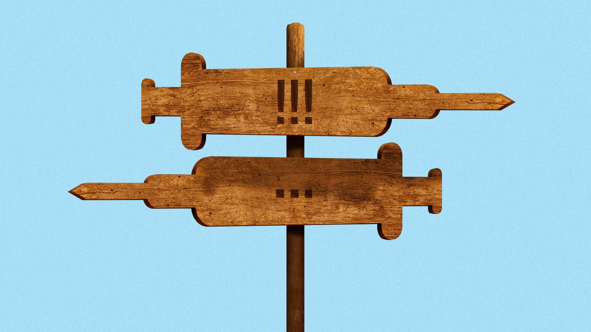 Illustration of two direction signs shaped like syringes pointing in different directions