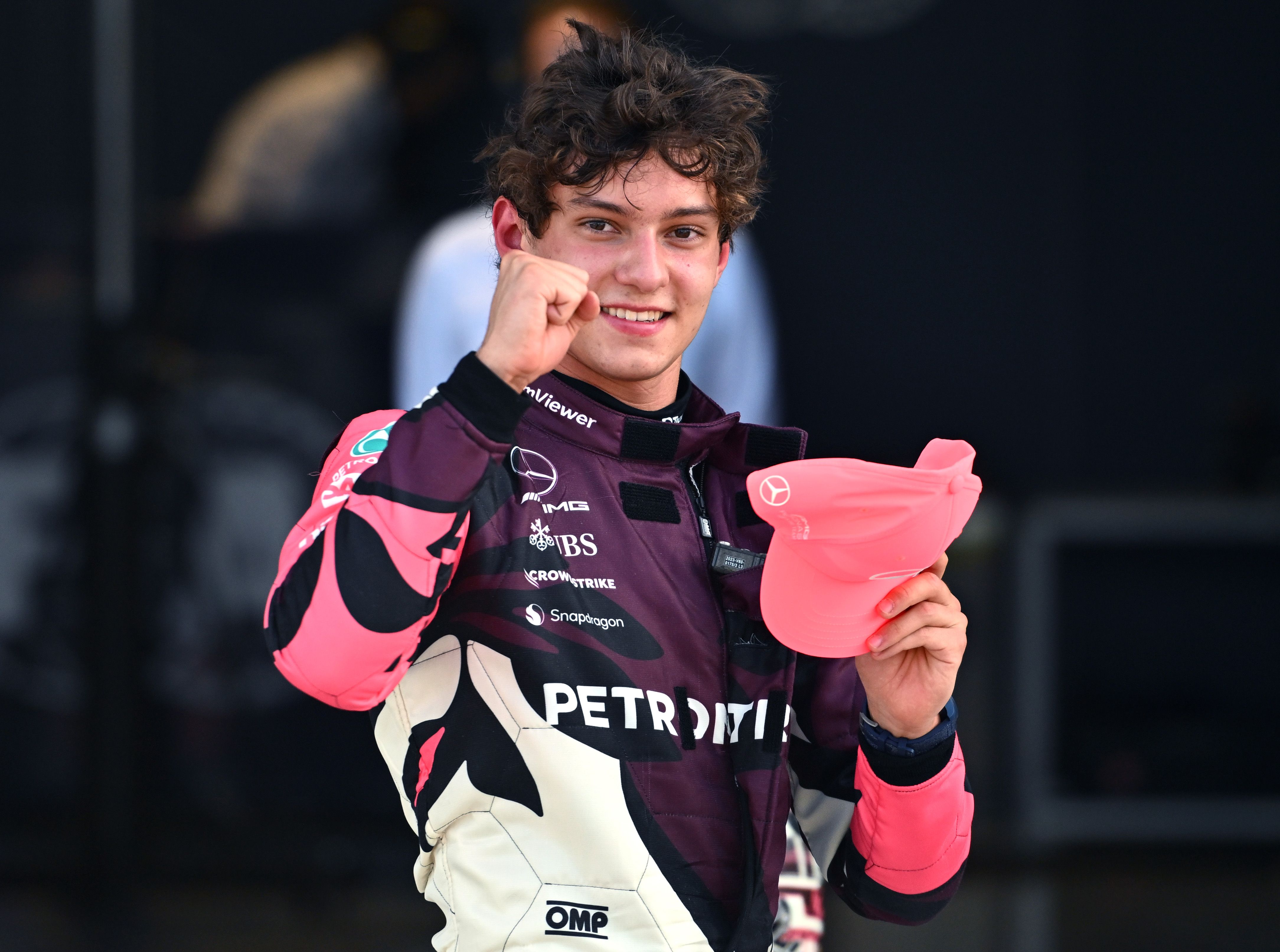 MIAMI, FLORIDA - MAY 02: Sprint Pole qualifier Andrea Kimi Antonelli of Italy and Mercedes AMG Petronas F1 Team celebrates in parc ferme during Sprint qualifying ahead of the F1 Grand Prix of Miami at Miami International Autodrome on May 02, 2025 in Miami, Florida. (Photo by Rudy Carezzevoli/Getty I