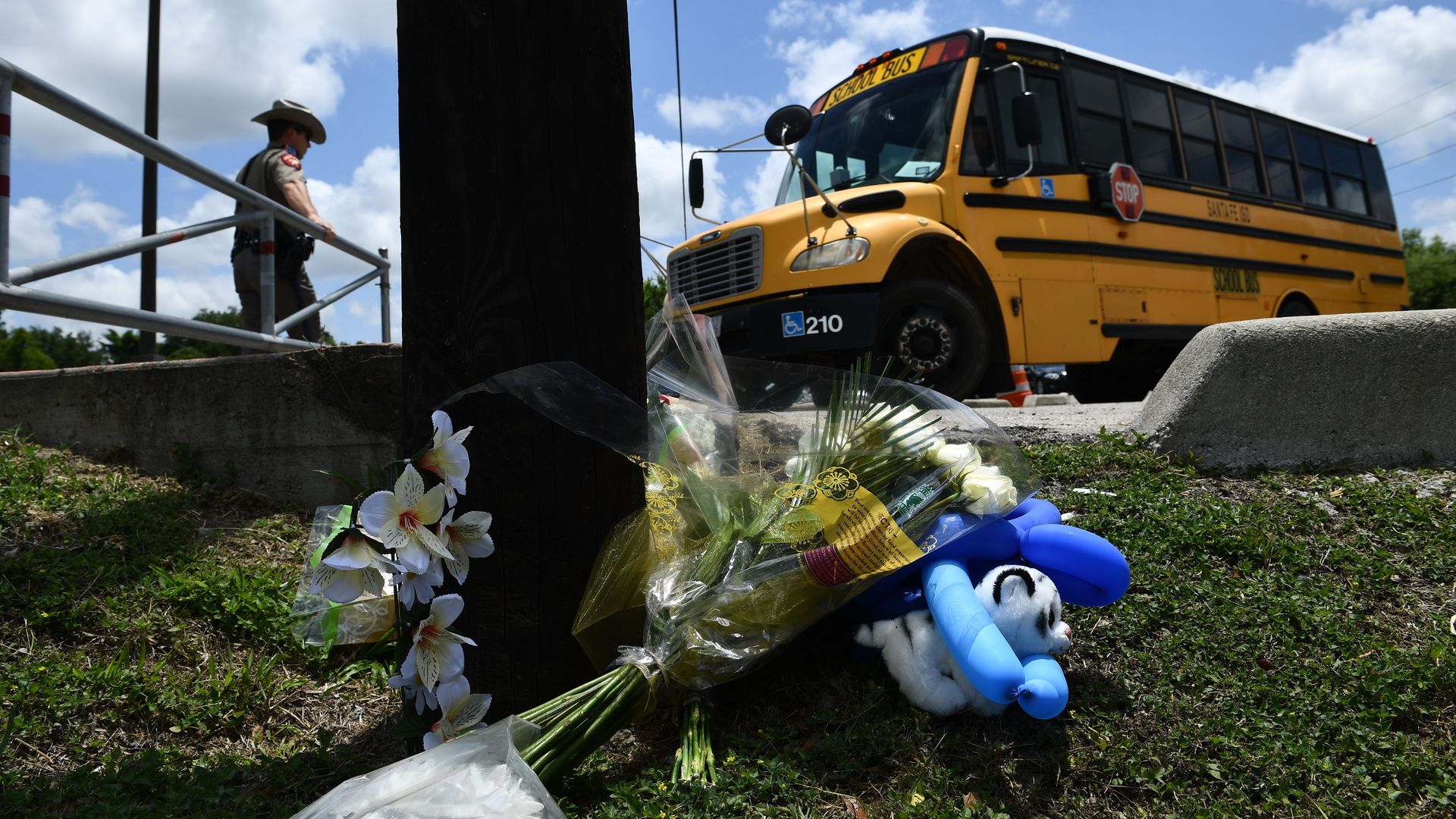 A makeshift memorial sits at Santa Fe High School 