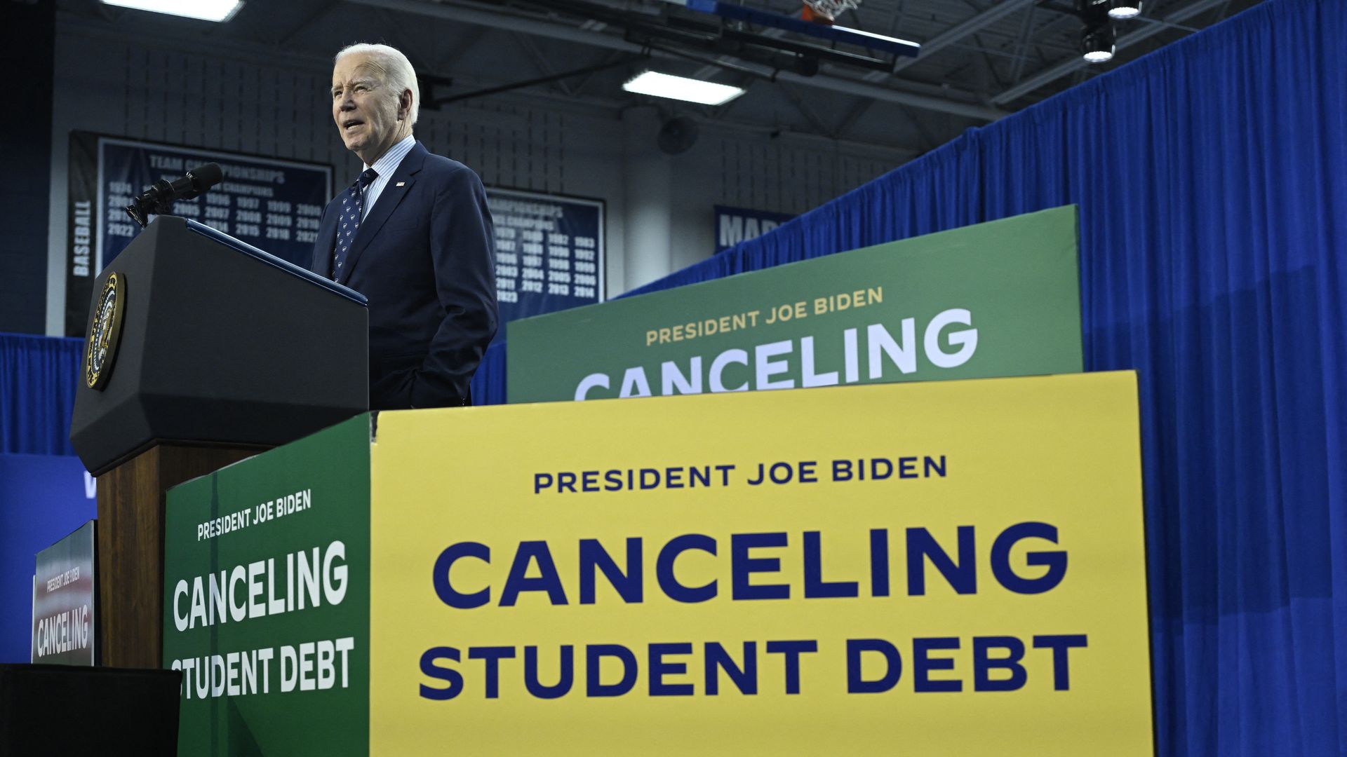 US President Joe Biden speaks about student loan debt relief at Madison Area Technical College in Madison, Wisconsin, April 8, 2024. (Photo by ANDREW CABALLERO-REYNOLDS / AFP) (Photo by ANDREW CABALLERO-REYNOLDS/AFP via Getty Images)