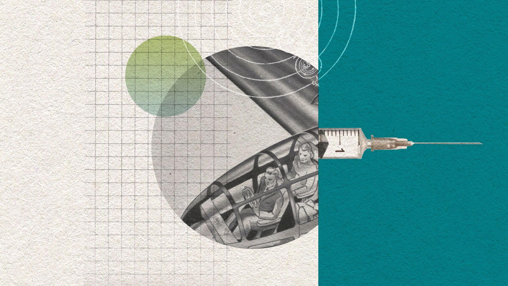 Illustrated collage of a futuristic family airplane and a syringe.
