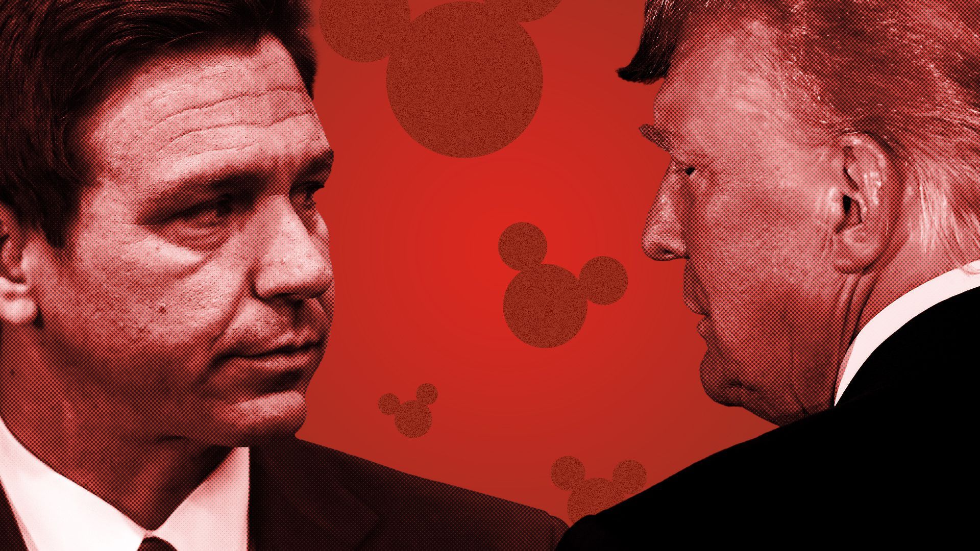 Photo illustration of Donald Trump and Ron DeSantis surrounded by Disney mouse shapes.