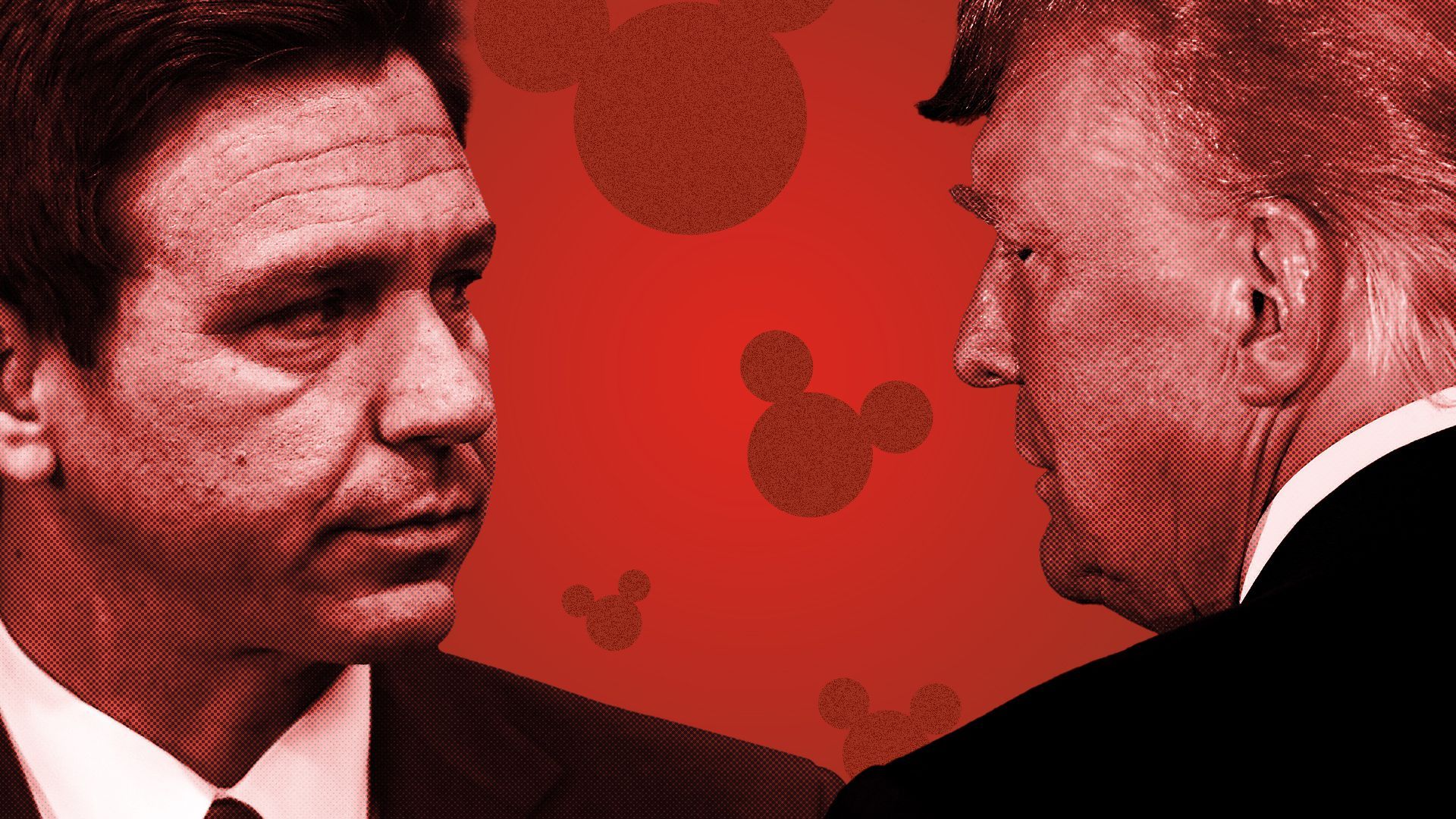 Photo illustration of Donald Trump and Ron DeSantis surrounded by Disney mouse shapes. 