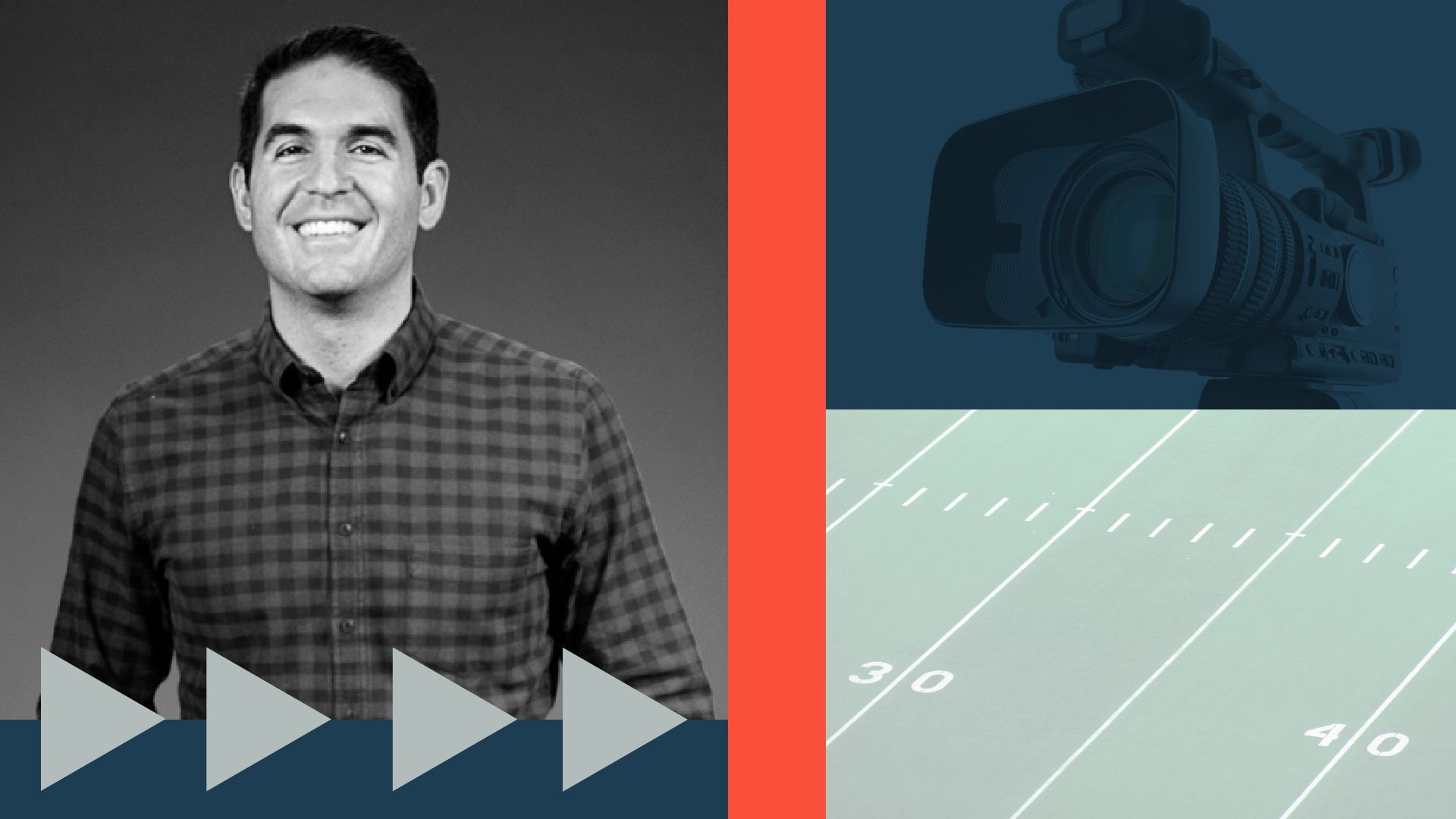 a photo illustration of joe caporoso of team whistle surrounded images of arrows, a video camera and a football field