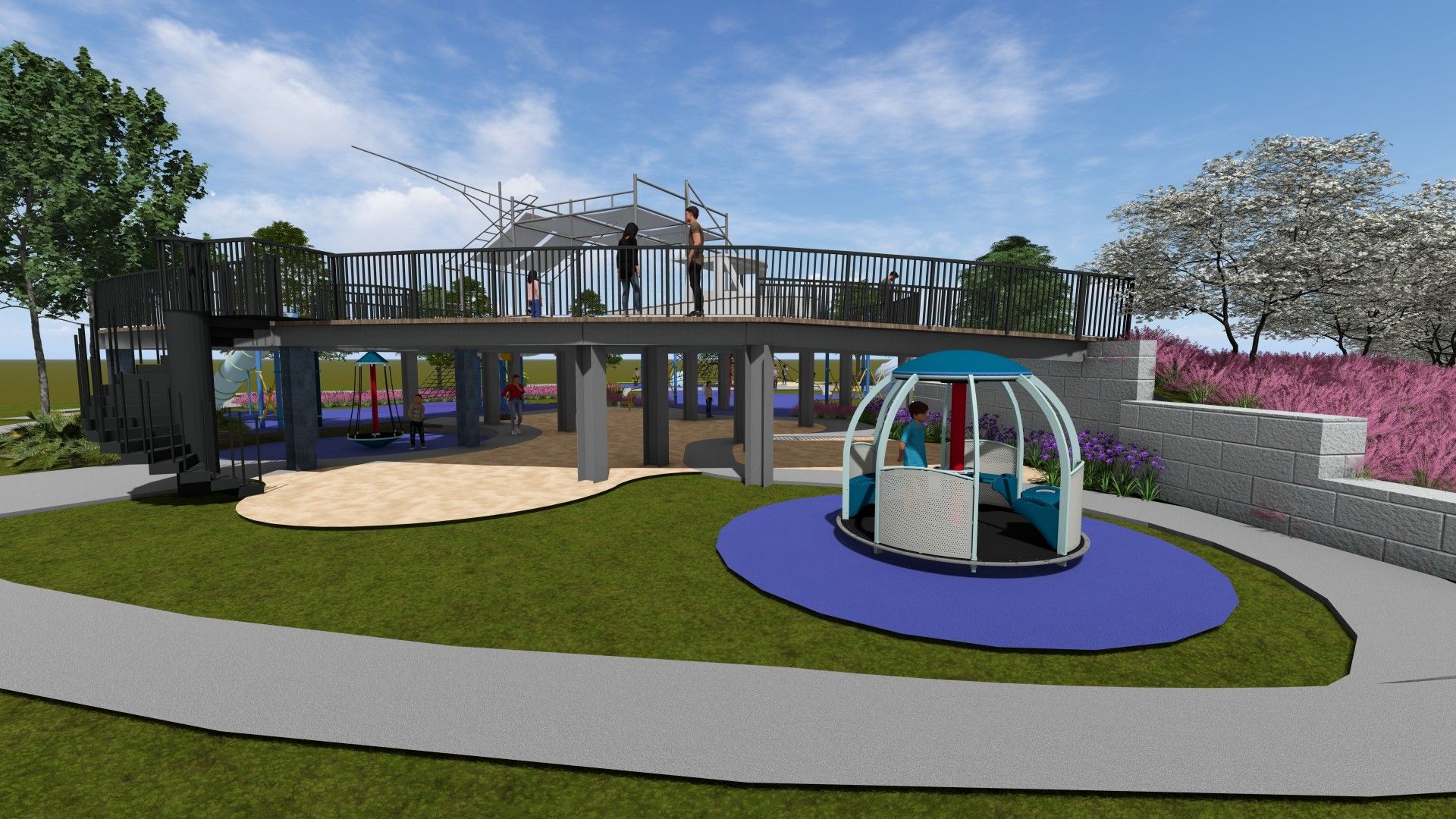 Playground with elevated walkway supported by pillars, children playing on blue and beige surfaces, surrounded by green grass, trees, and purple and white flowering plants.