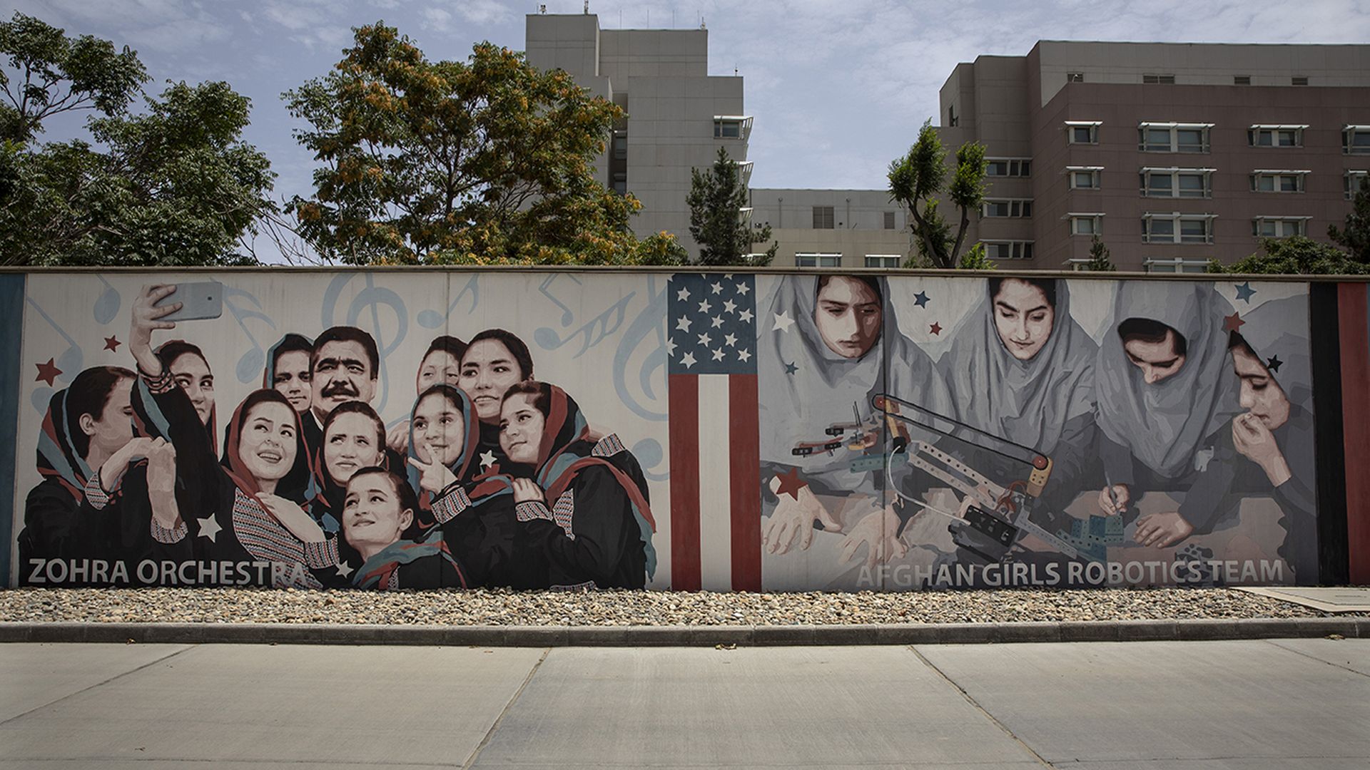mural at US Embassy in Kabul, July 2021