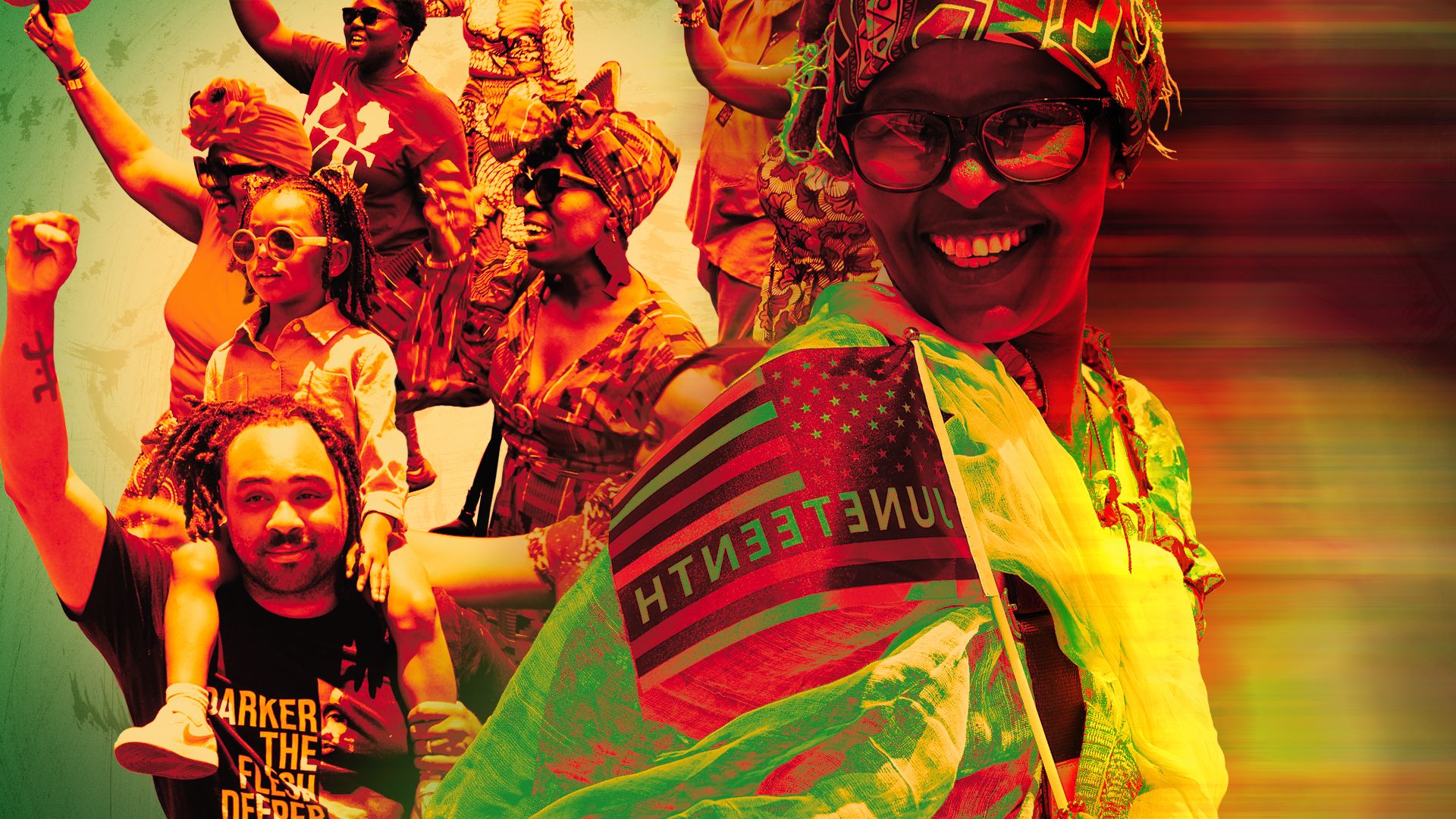 Photo illustration of Juneteenth revelers with one woman in the foreground fading out to the right