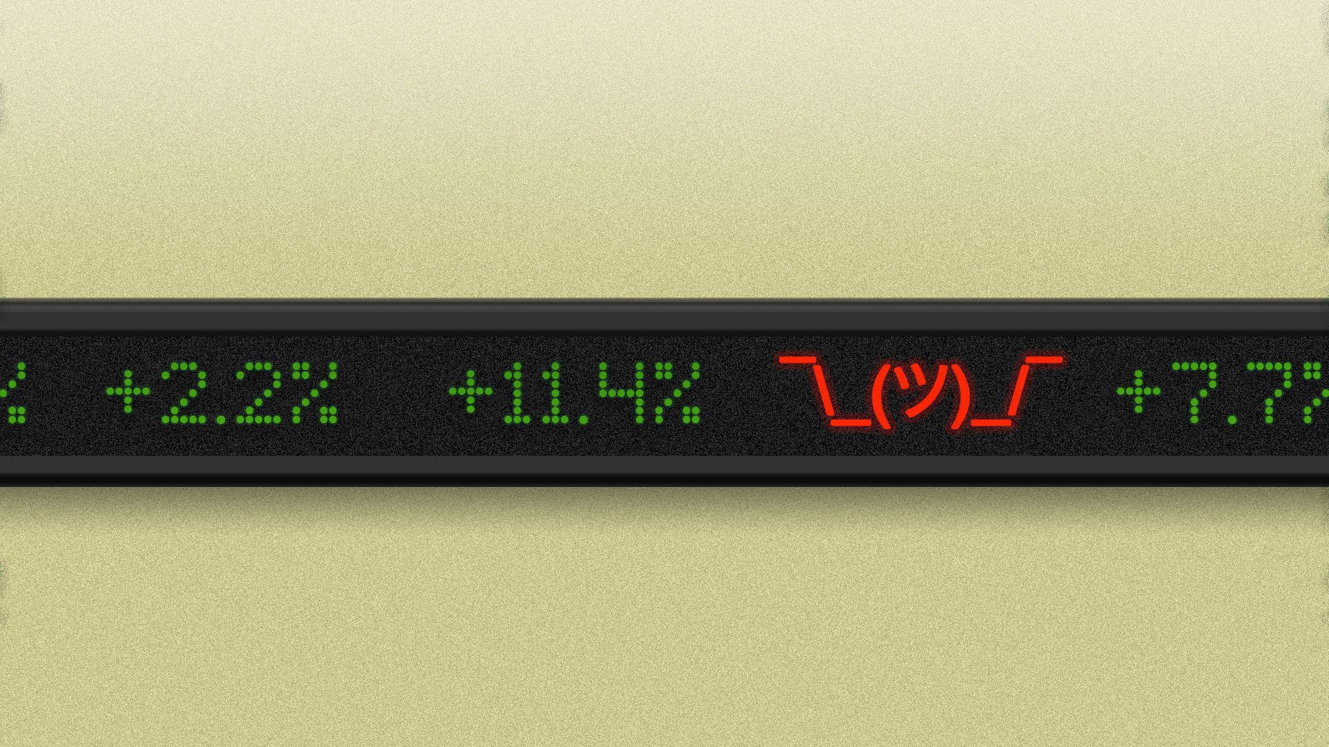 Photo illustration of a stock ticker reading numbers and the shrug meme