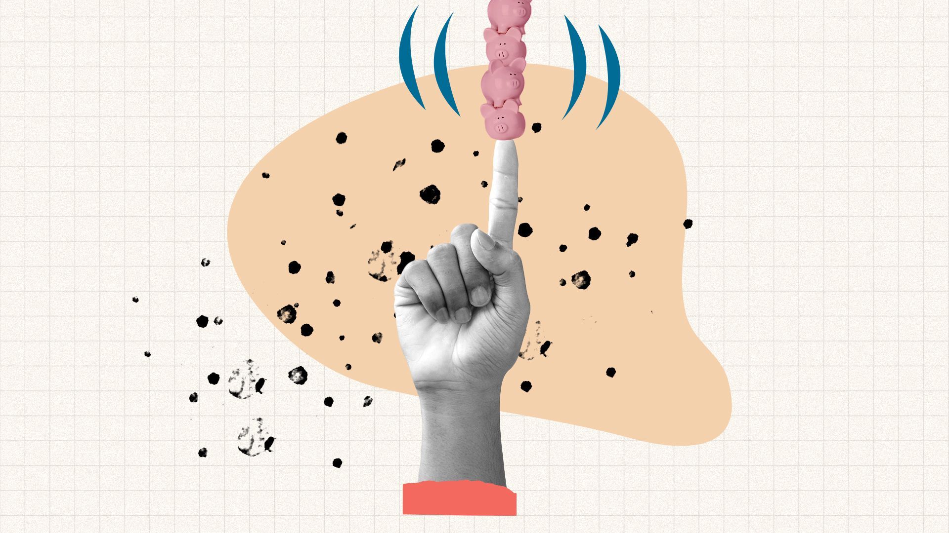 Illustrated collage of a hand balancing a stack of piggy banks. 