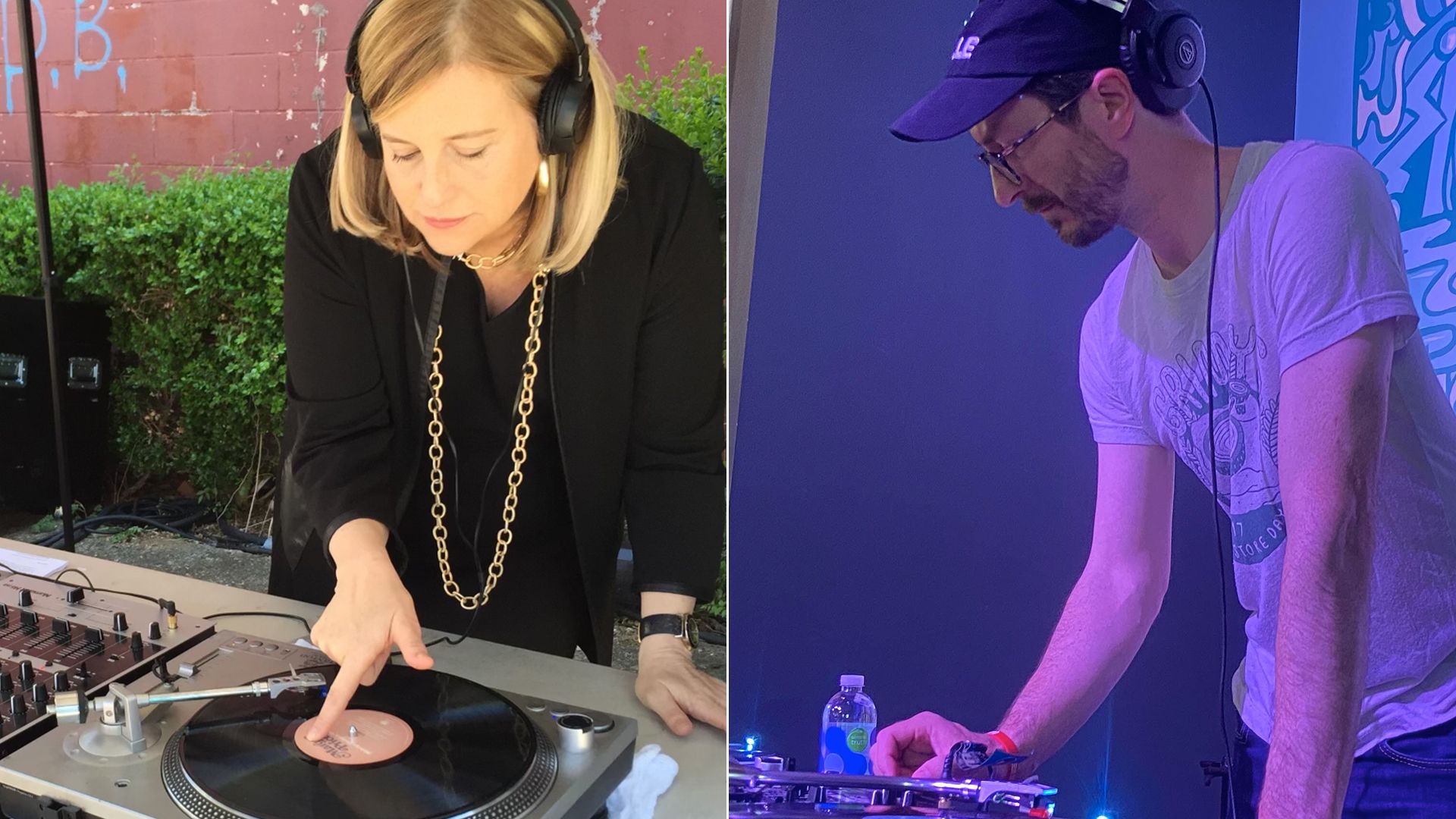 Composite of Megan Barry and Freddie O'Connell spinning records.