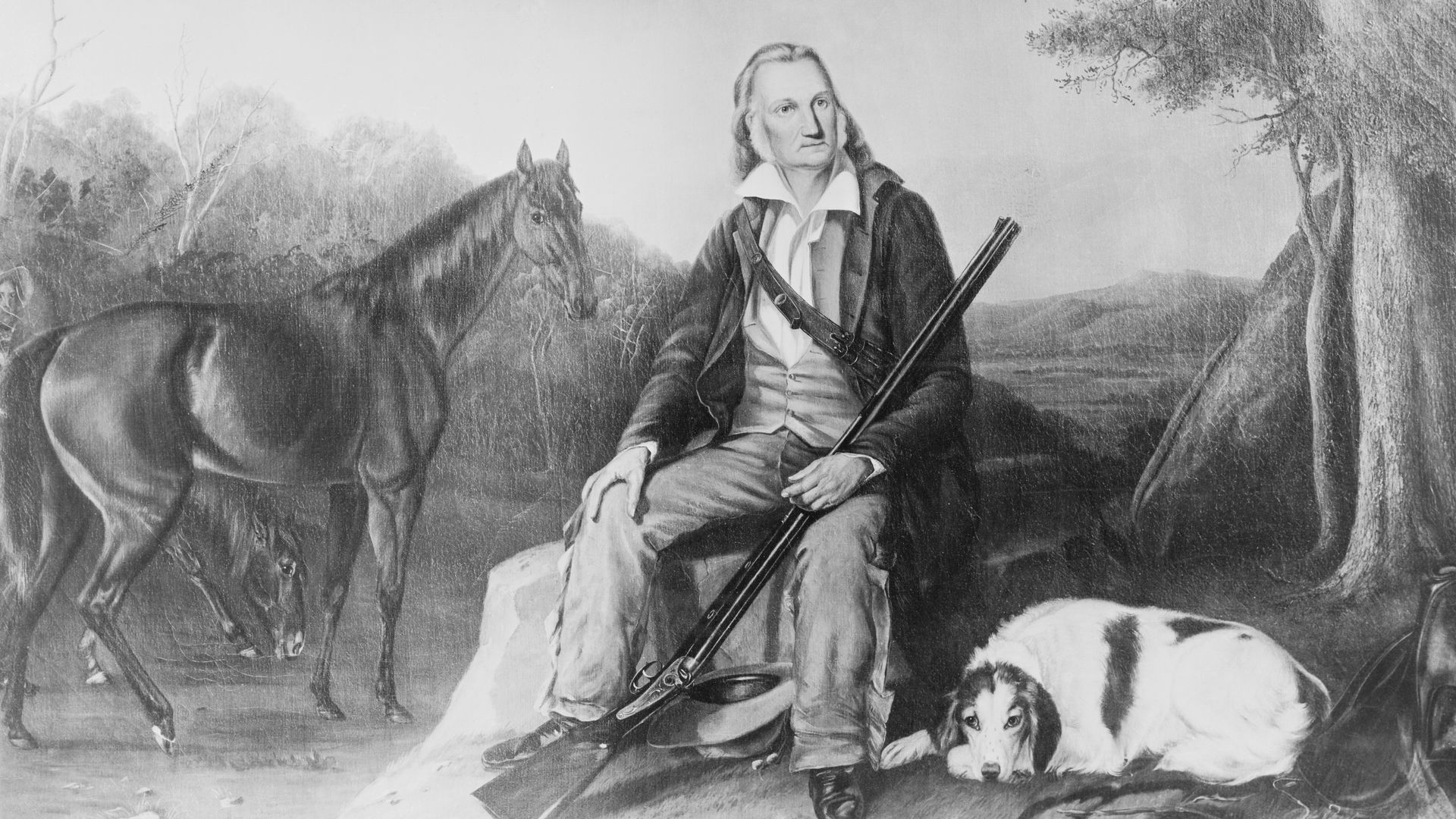 John James Audubon painting in landscape holding his rifle with his hunting dog and horse by his side. 