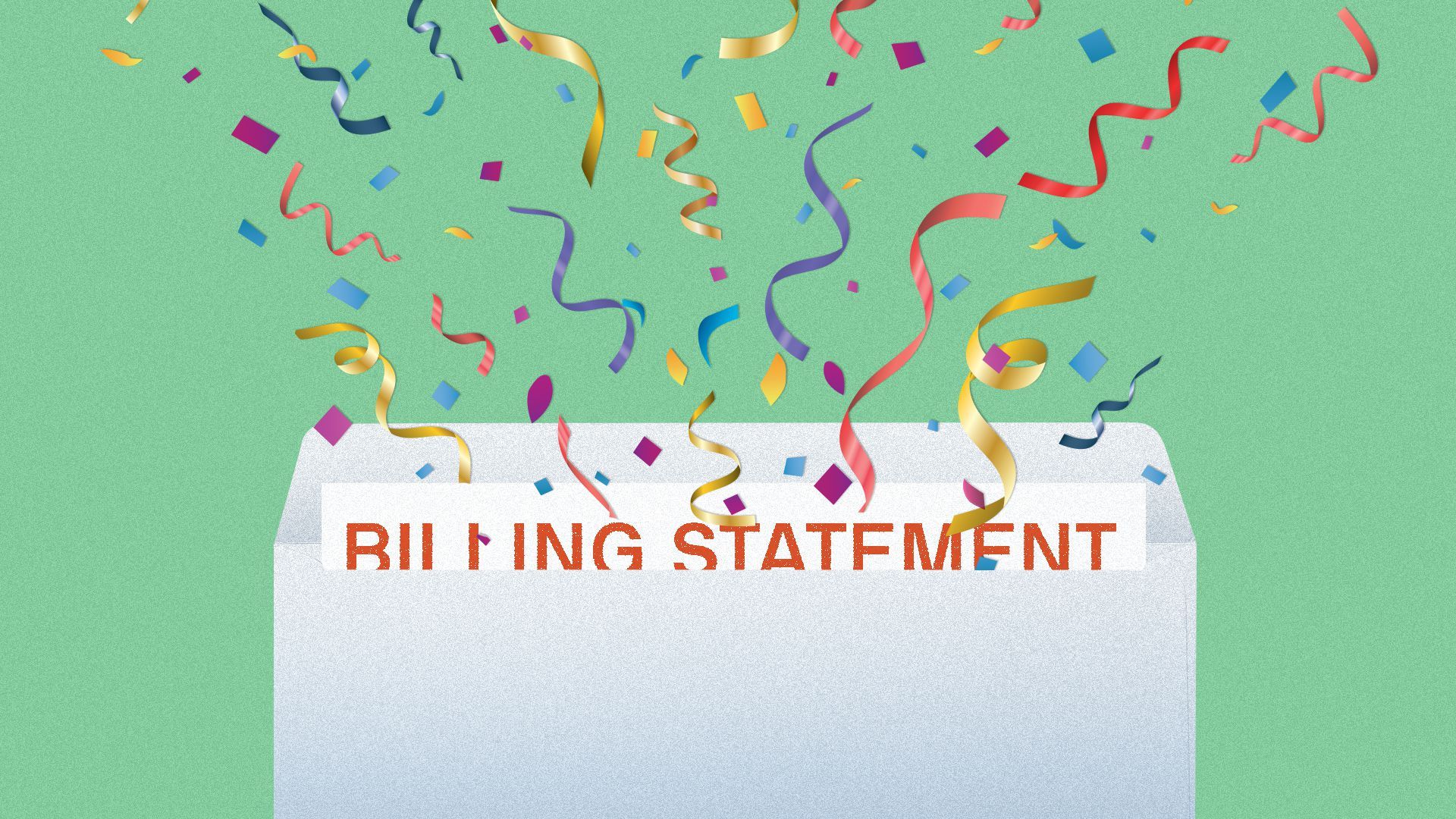 Illustration of an opened envelope with a billing statement inside and confetti spilling out.  