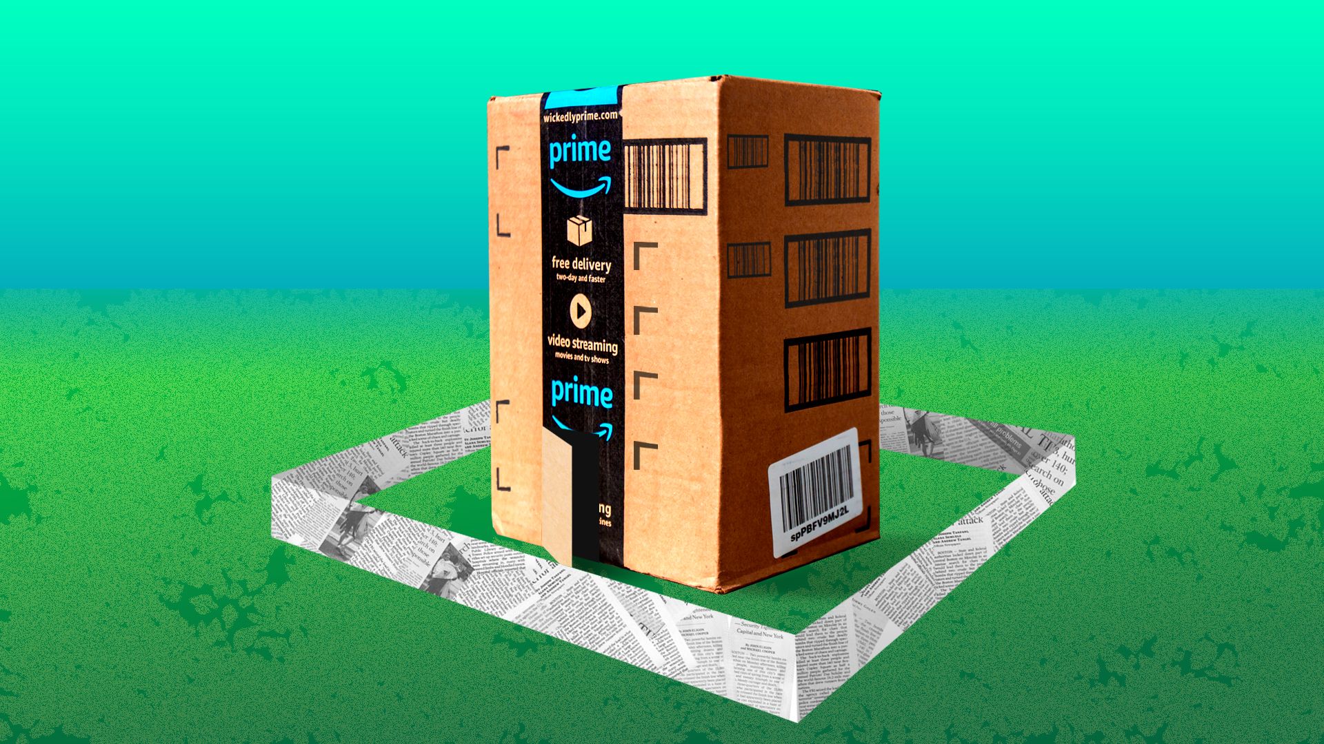 Illustration of an Amazon package surrounded by a newspaper fence