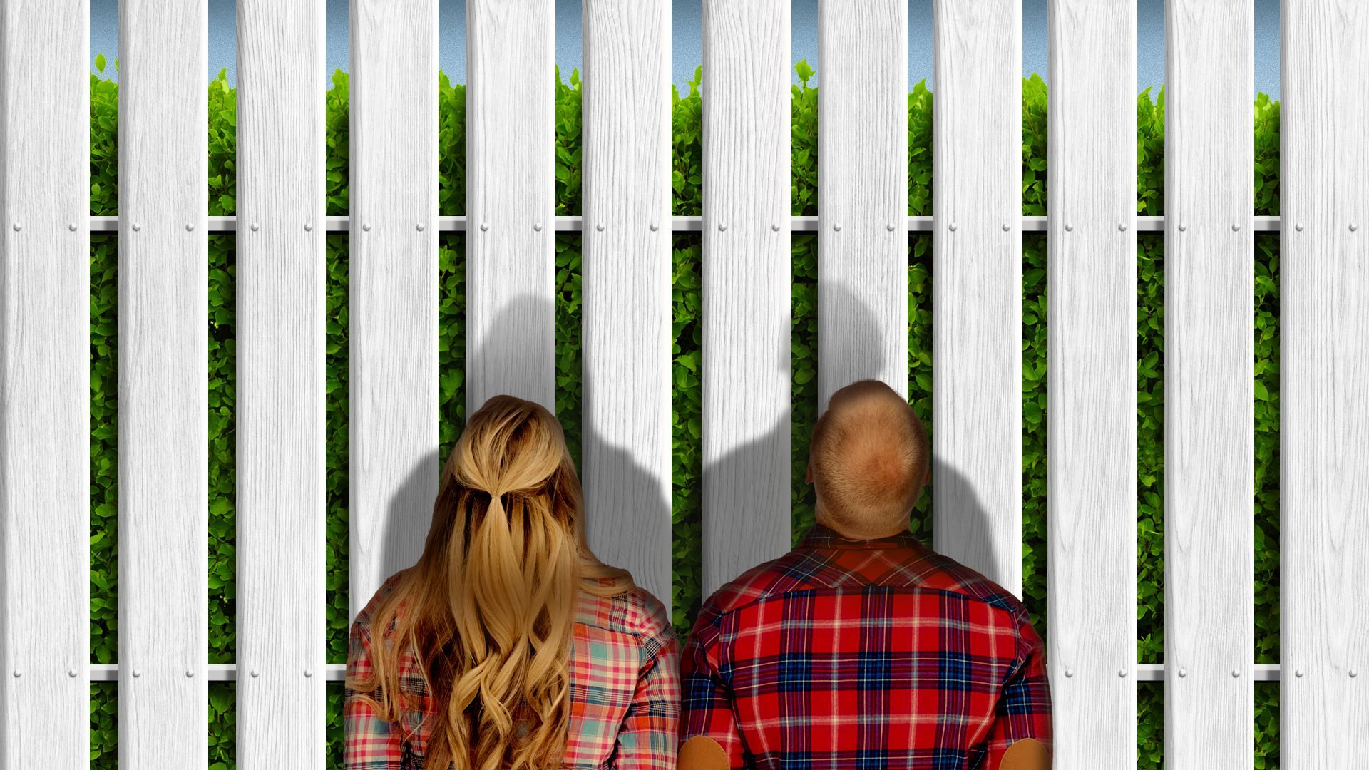 Illustration of two people looking up at a giant white picket fence.