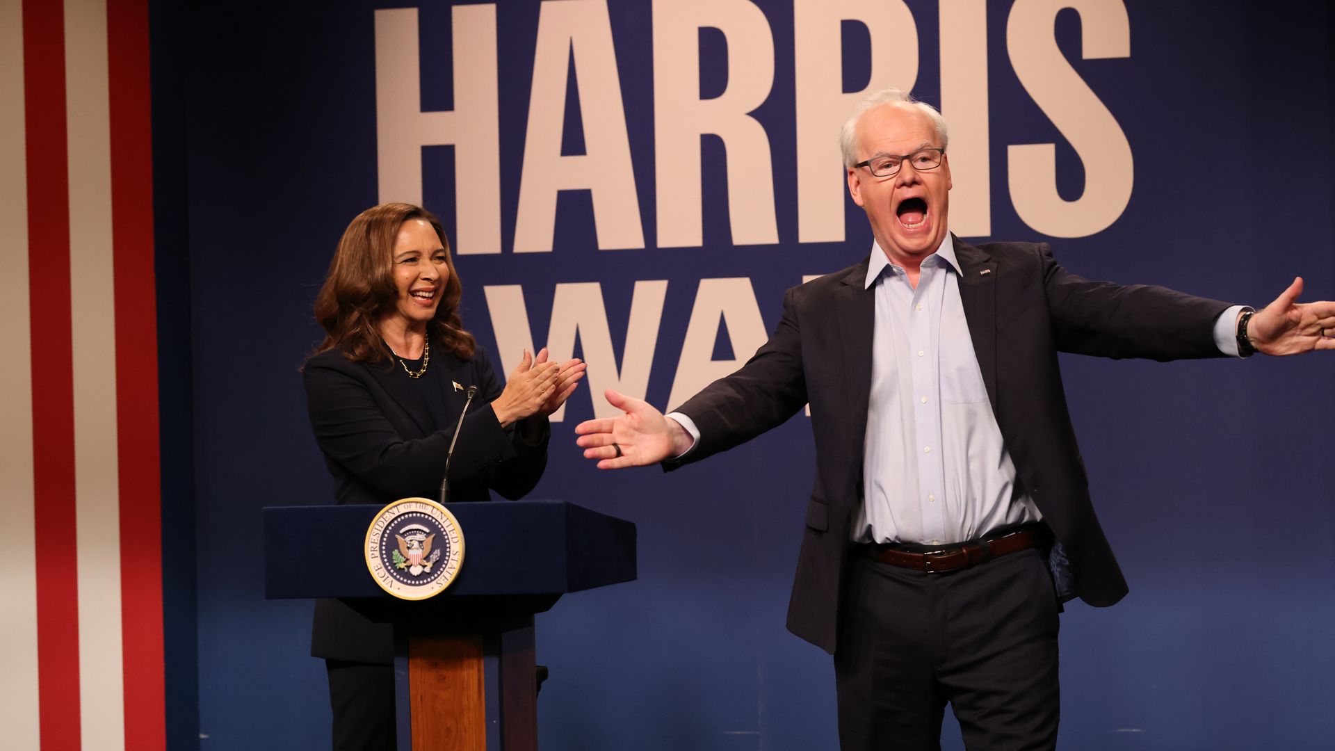 Pictured: (l-r) Maya Rudolph as Kamala Harris and Jim Gaffigan as Tim Walz during the "Campaign" Cold Open on Saturday, September 28, 2024 -- (Photo by: Will Heath/NBC via Getty Images)