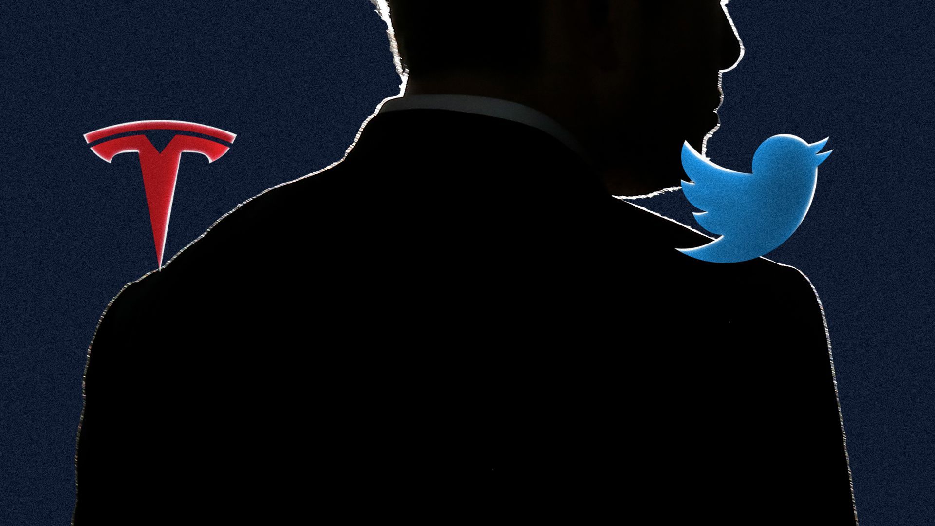 Illustration of Tesla logo and Twitter logo on Elon Musk's shoulders