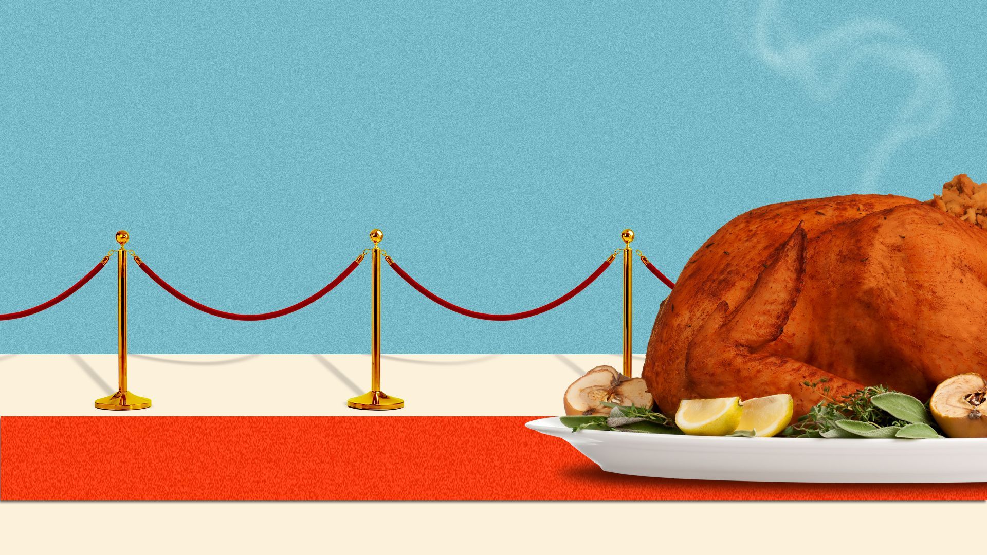 Illustration of a turkey on a table with a velvet rope and red carpet