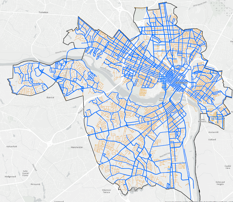 A city map showing which roads they've treated (blue) and haven't (yellow) as of Jan. 31. Image: Courtesy of the city of Richmond 